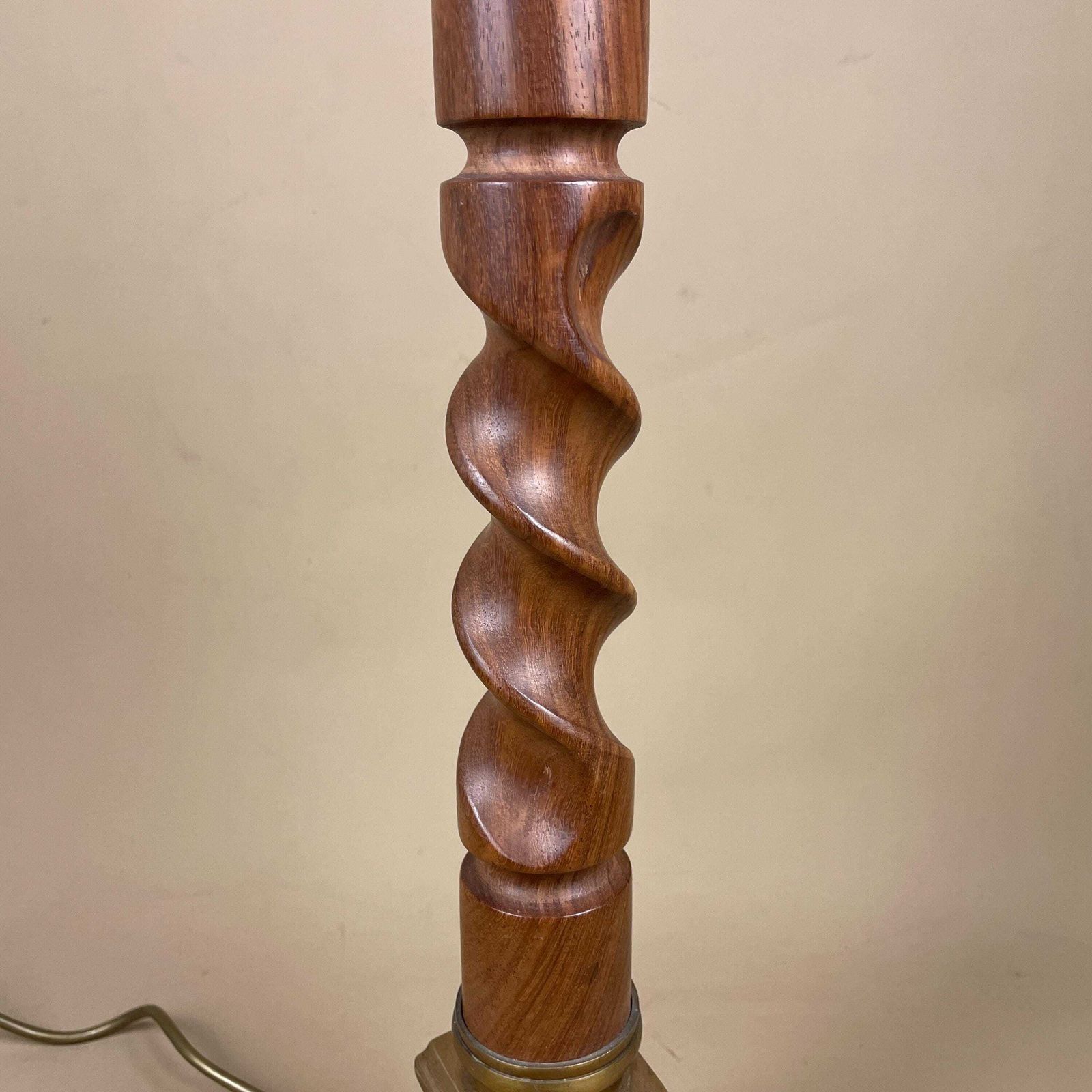 Antique Twisted Wood Lamp Wooden Light Table Brown Brass Metal Gold Trims Large Regency Hollywood Twist Ornate Grand Classic Square photo for sale