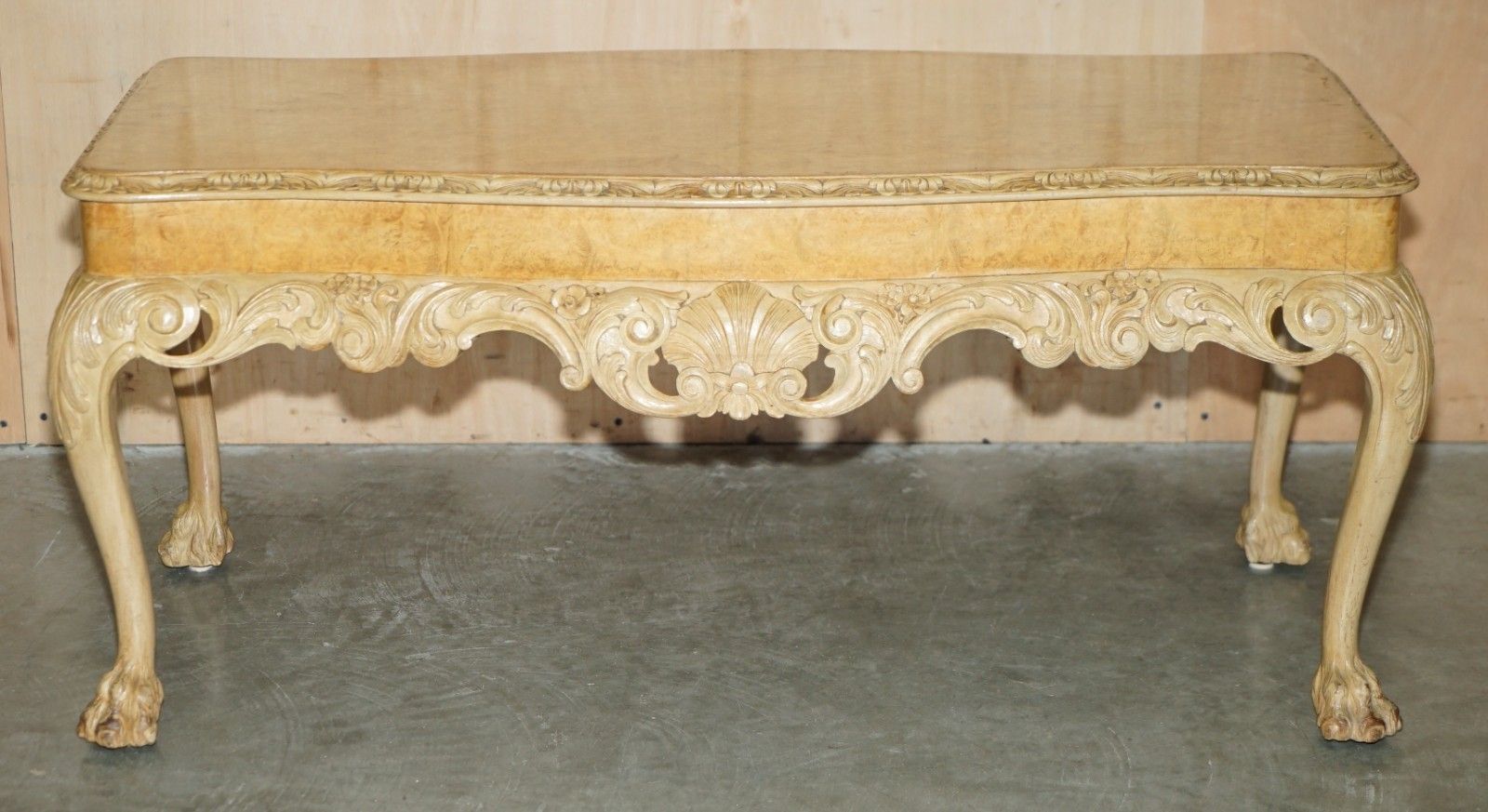 Exquisitely Hand Carved  Burr Walnut Coffee Cocktail Table Lion's Hairy Paw Legs photo for sale