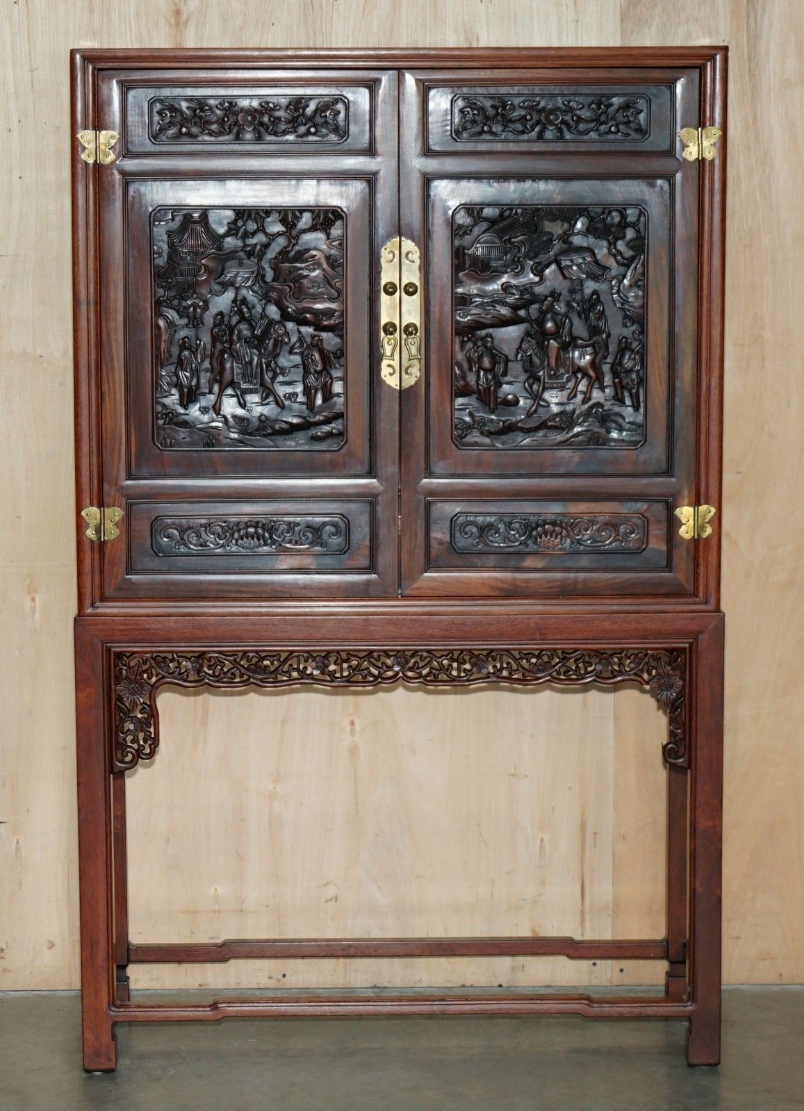 A Fine 19th Century Carved Huanghuali Two Door Cabinet On Stand Qing Dynasty photo furniture