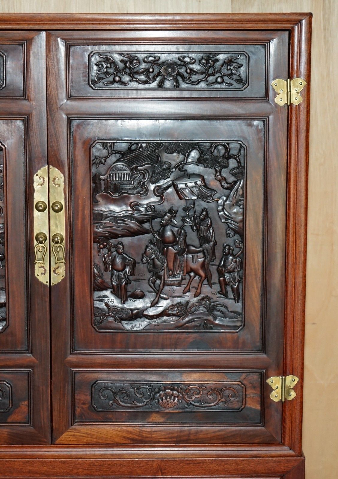 A Fine 19th Century Carved Huanghuali Two Door Cabinet On Stand Qing Dynasty photo vintage