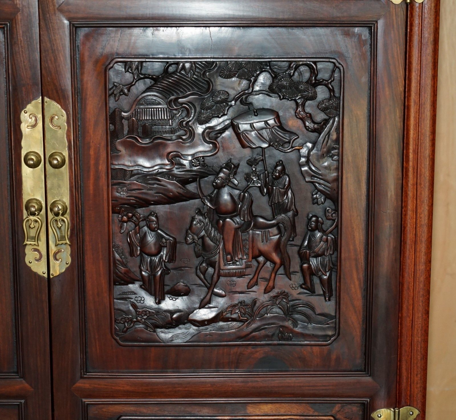 photo for sale A Fine 19th Century Carved Huanghuali Two Door Cabinet On Stand Qing Dynasty