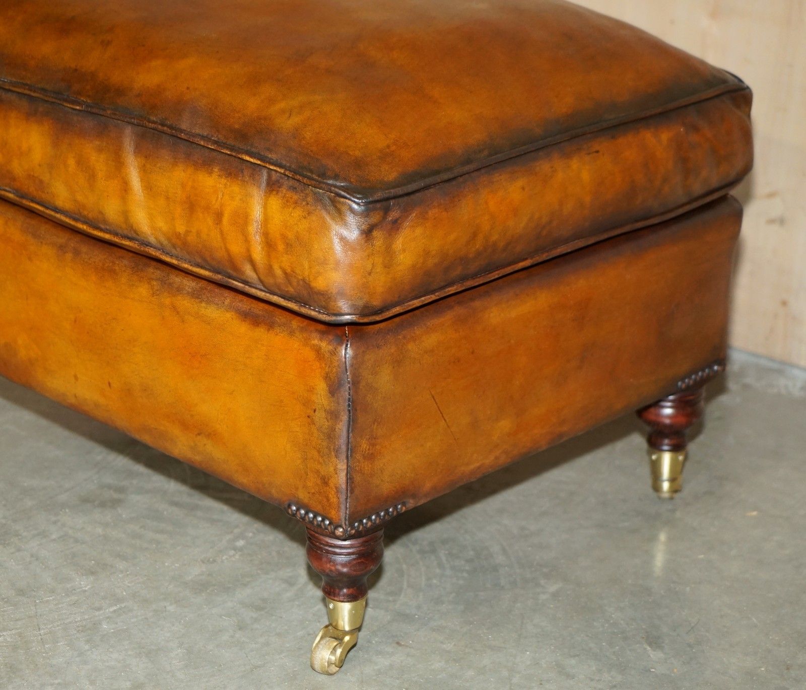 Feather Filled Restored Hand Dyed Brown Leather Ottoman Footstool Part Of Suite photo for sale