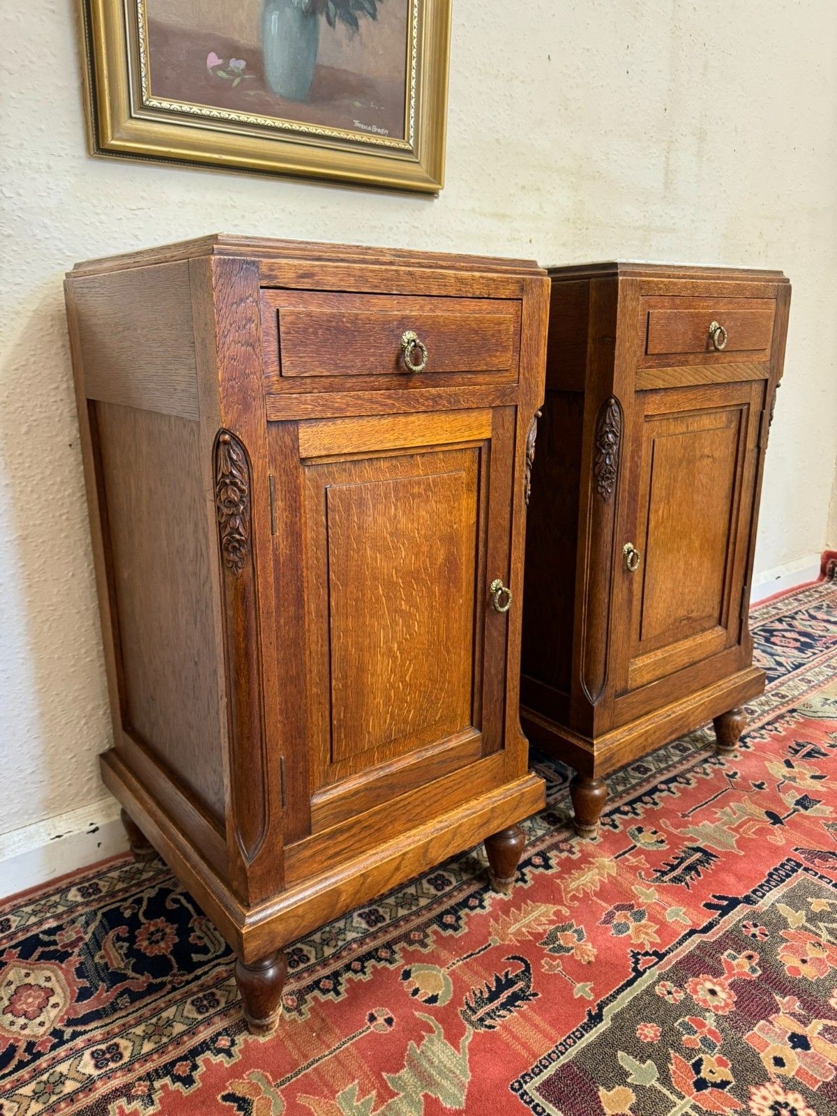 Pair Of Antique French Oak Marble Top Bedside Cabinets Circa 1910 photo Furniture