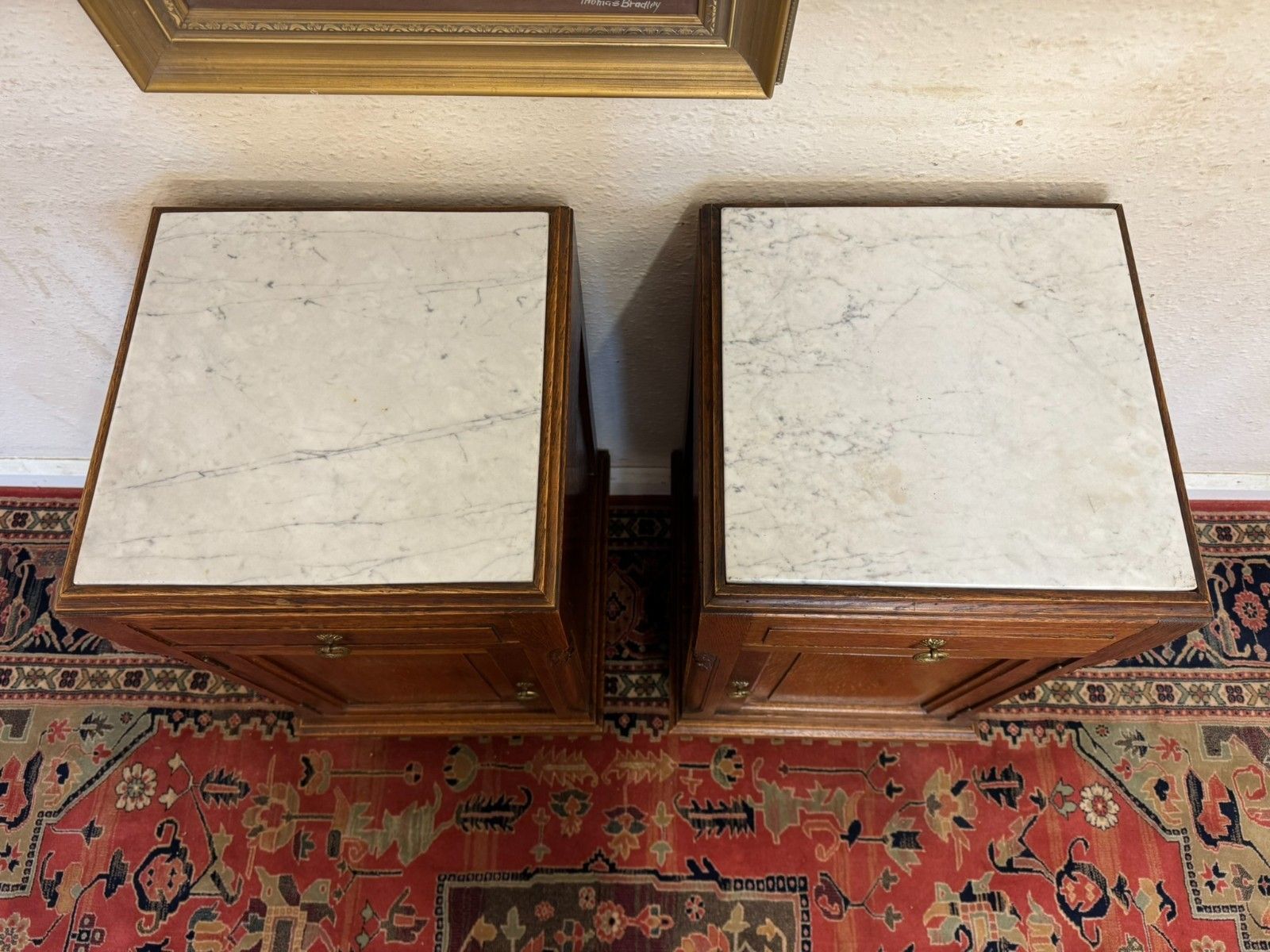 Pair Of Antique French Oak Marble Top Bedside Cabinets Circa 1910 photo 575.0