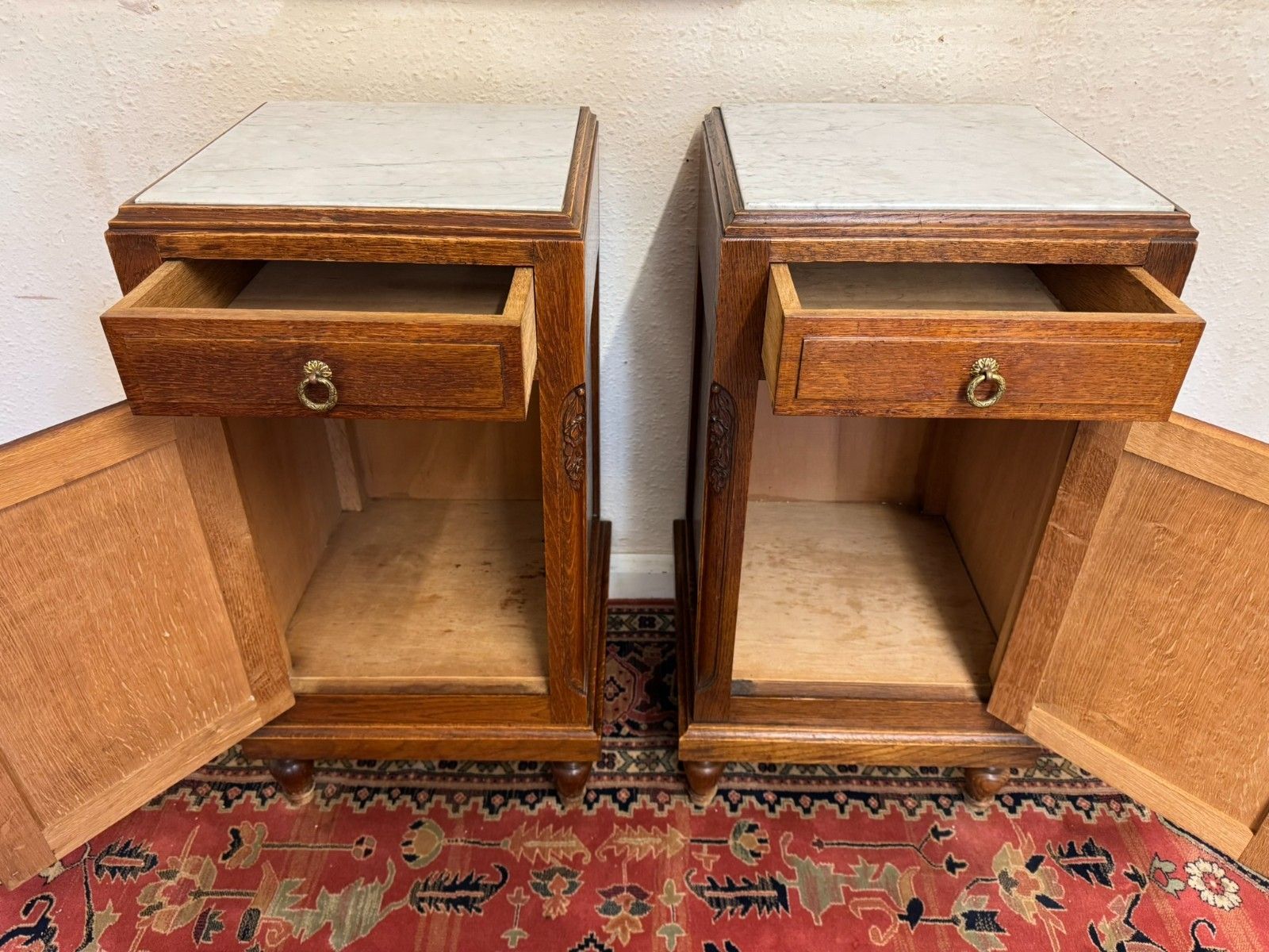 Pair Of Antique French Oak Marble Top Bedside Cabinets Circa 1910 photo buy