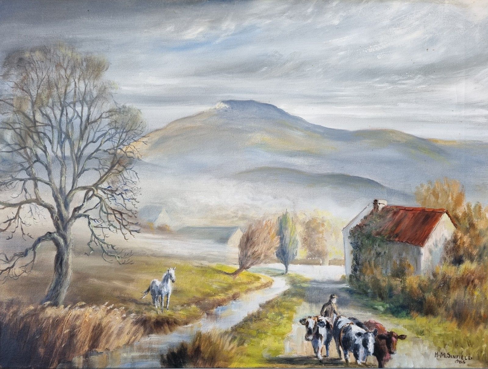 Vintage Framed Oil Painting British Landscape Horse Cattle Cottage Mountains '85 photo furniture