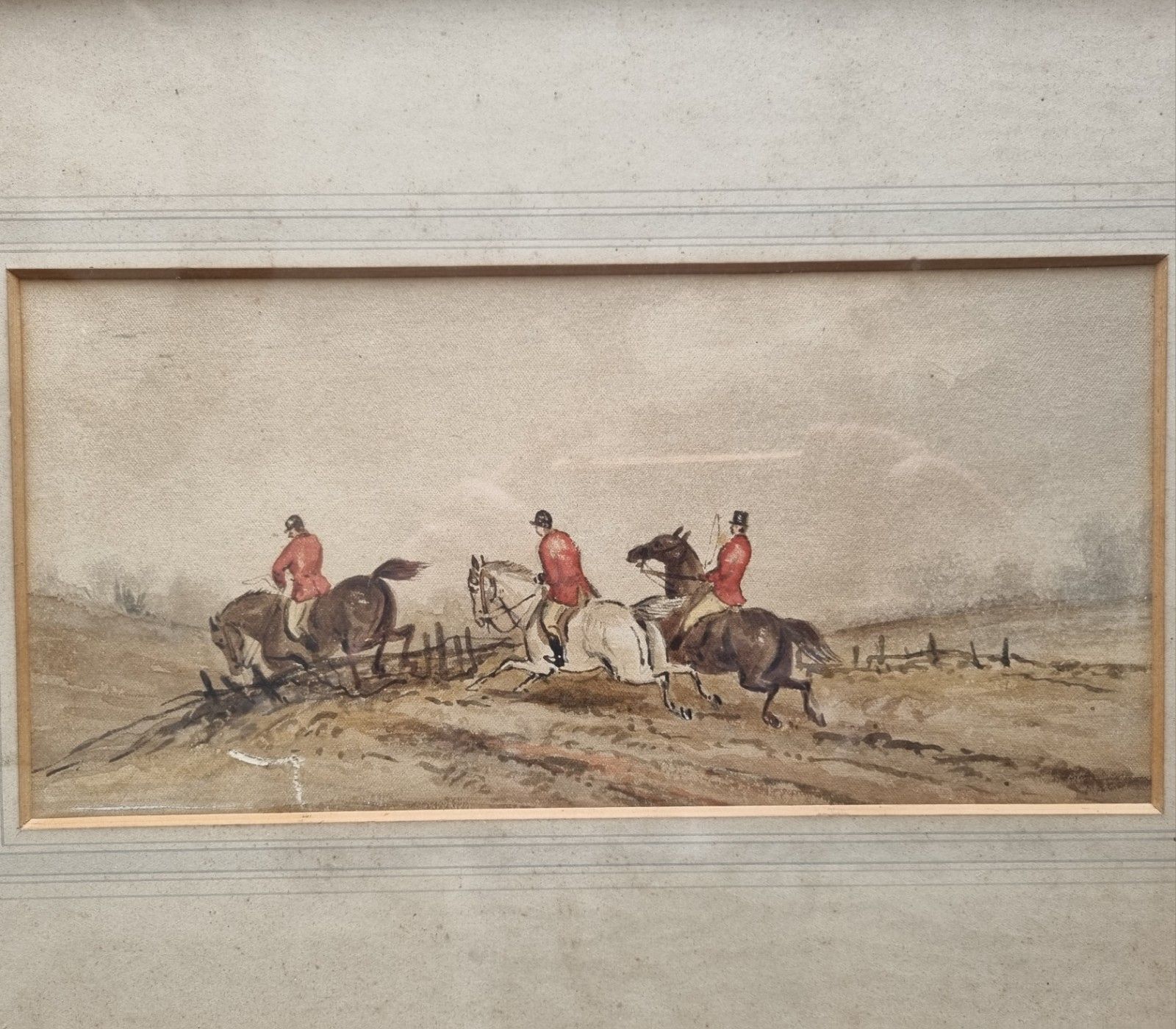 Antique Framed Watercolour Painting Horses Hunting Scene In Manner Of P.Rideout photo furniture