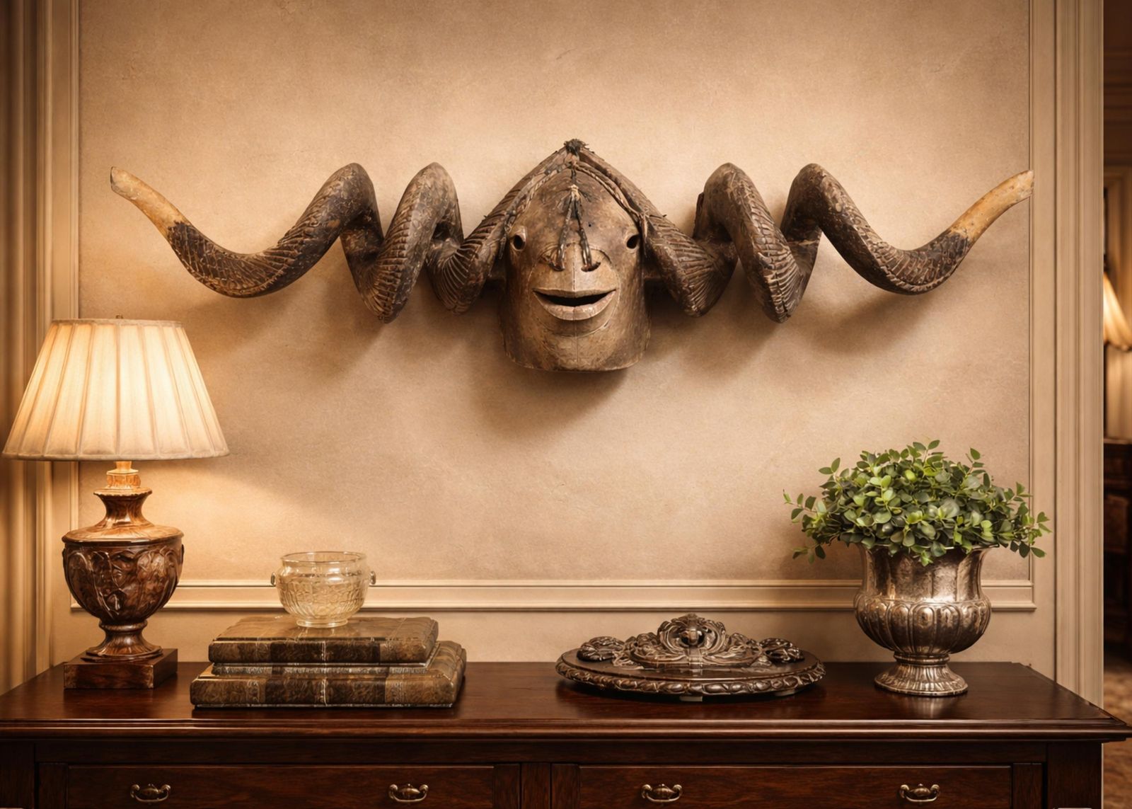 Baule Ram Mask Ivory Coast Tribal African Sculpture Large Wooden Horn Mask photo furniture