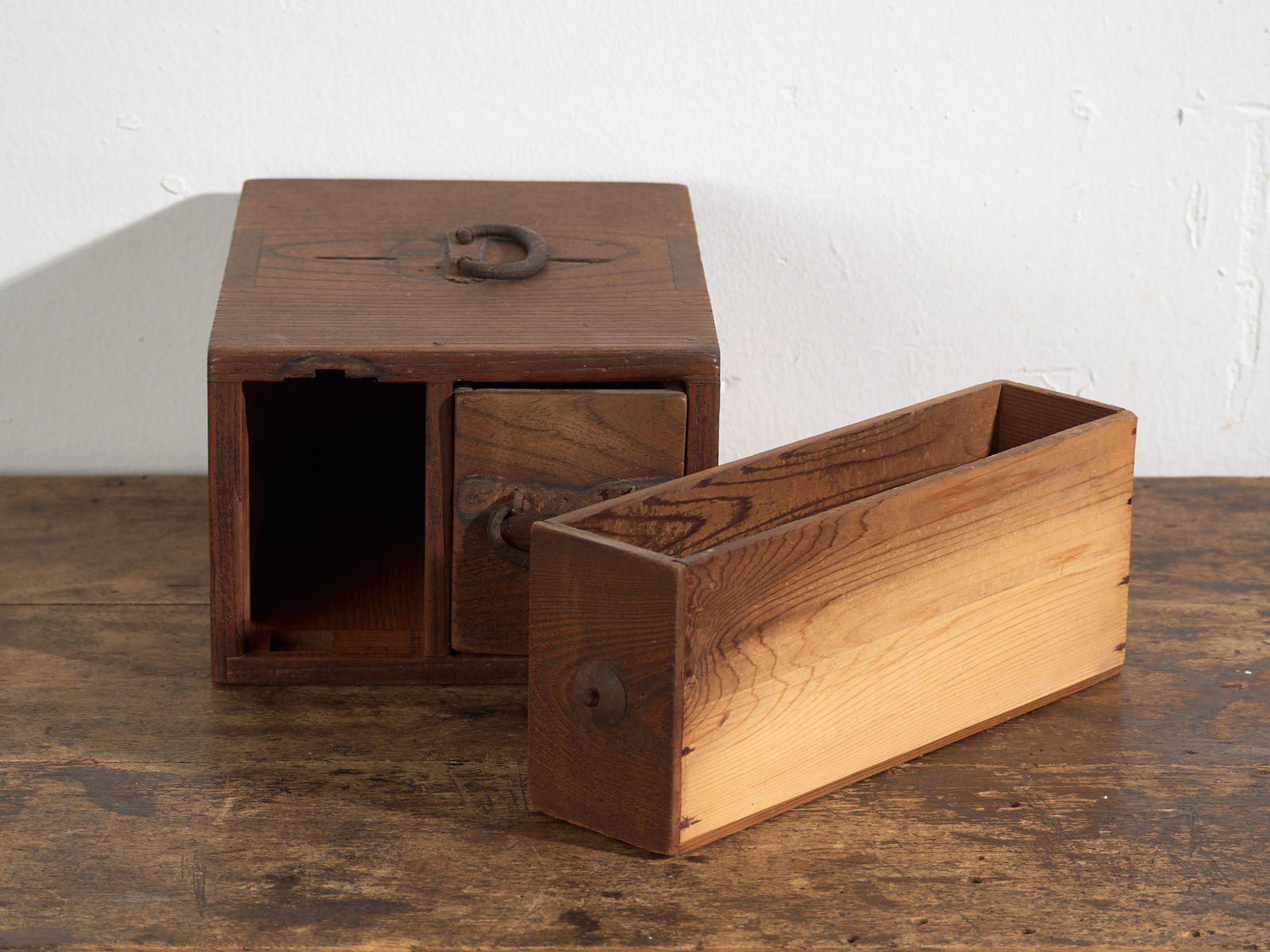 photo for sale Antique Japanese Wooden Storage Box With Drawer – Meiji–Taishō Period (C.1890–1920)