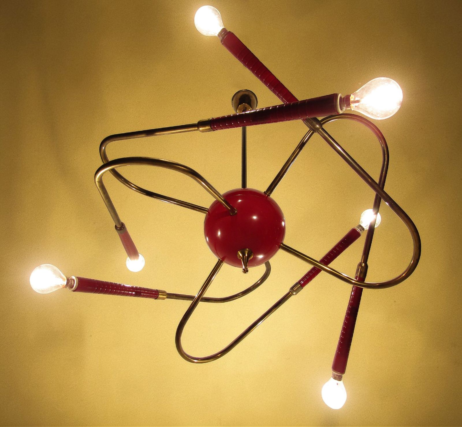 Rare Italian 1950s Sputnik Chandelier In Red Enamel & Brass By Stilnovo photo buy