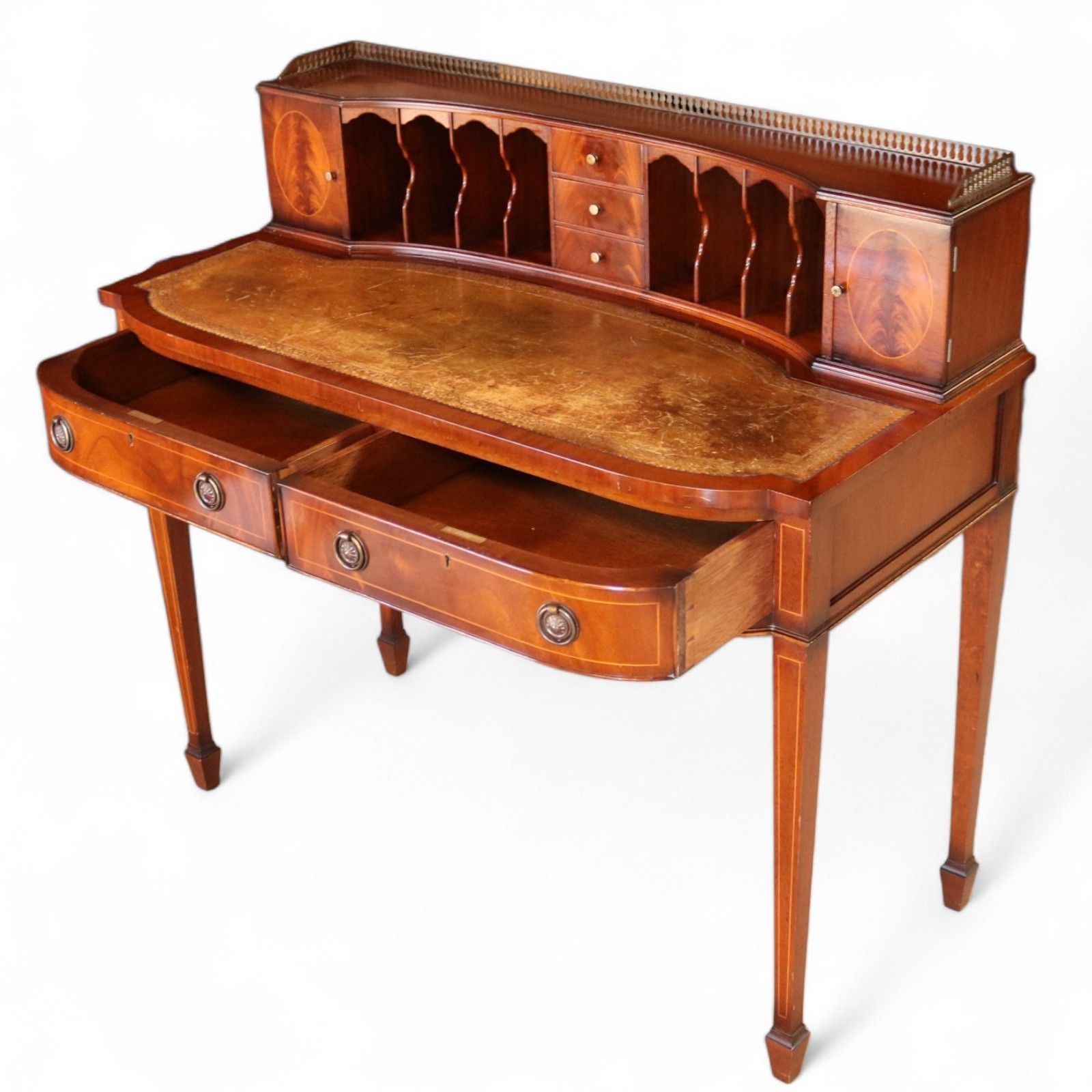 Vintage Mahogany Bonheur Du Jour Leather Top Regency Style Writing Desk photo 395.0
