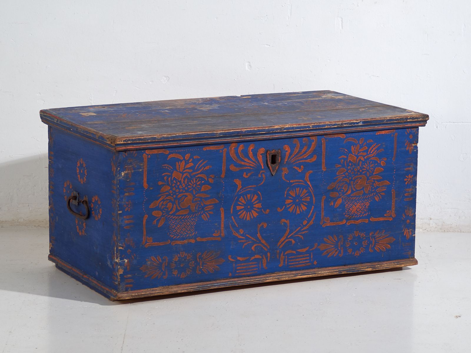 Antique Blue Painted Wooden Chest – Folk Art Blanket Chest – Central Europe C.1900