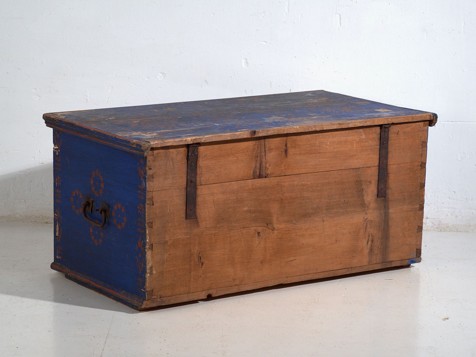 Furniture Antique Blue Painted Wooden Chest – Folk Art Blanket Chest – Central Europe C.1900 photo