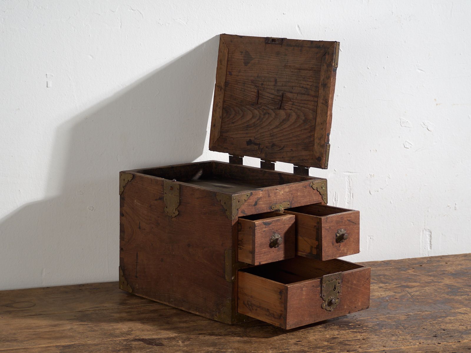 Antique Japanese Storage Box With Drawers And Hinged Lid – Early Showa Period (C.1928) photo for sale