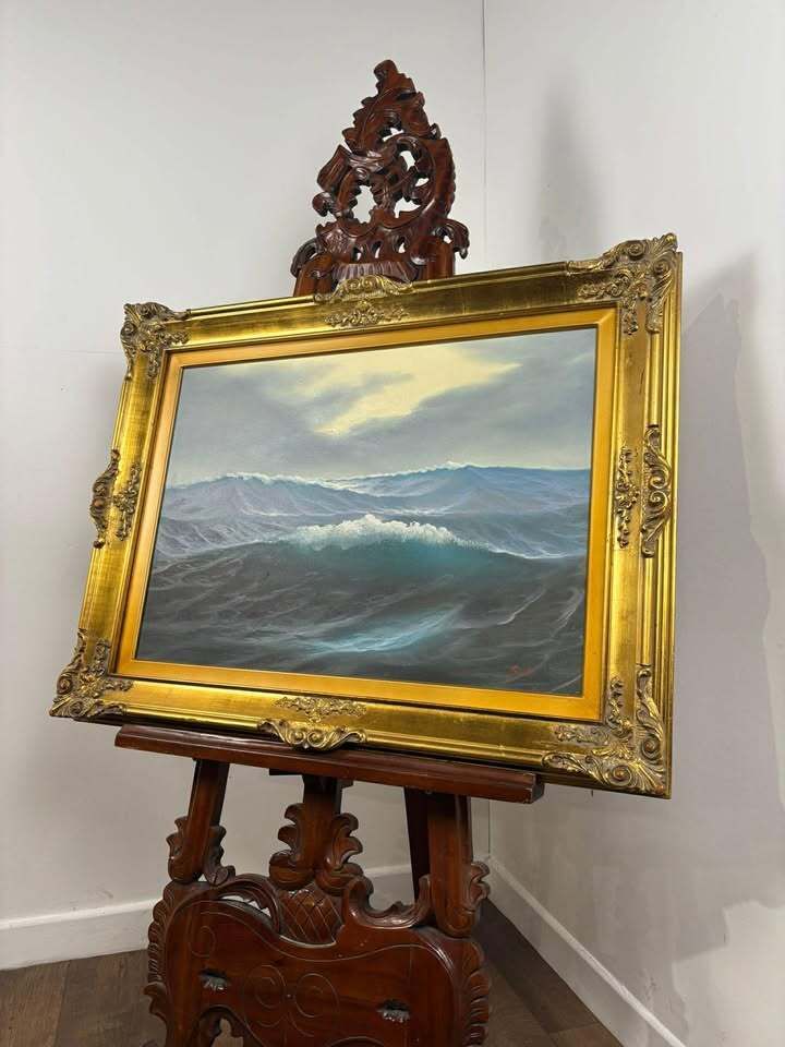 Oil On Canvas Seascape Painting – Signed “Sauli” – Ornate Gilt Frame photo for sale