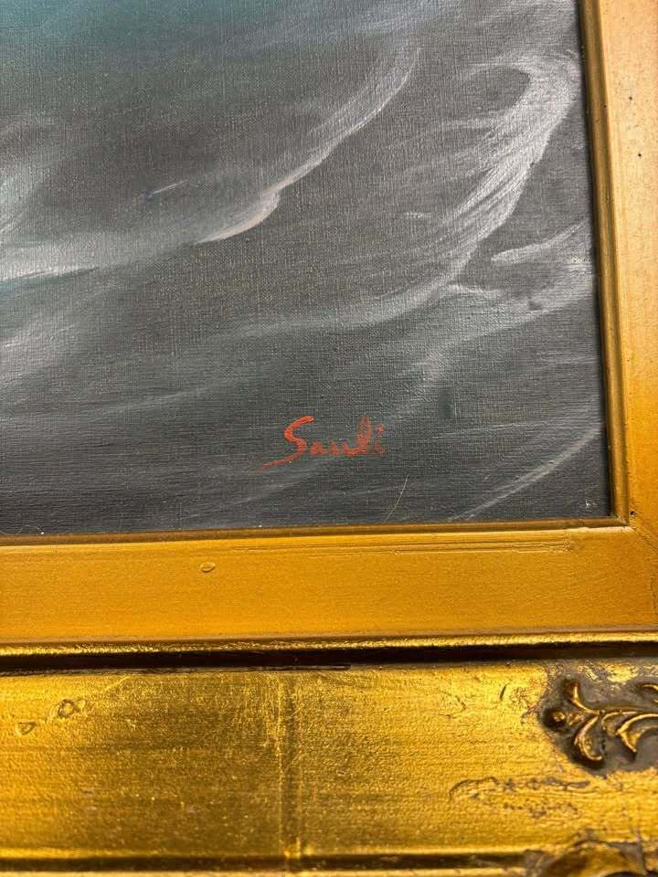 Oil On Canvas Seascape Painting – Signed “Sauli” – Ornate Gilt Frame photo vinterior