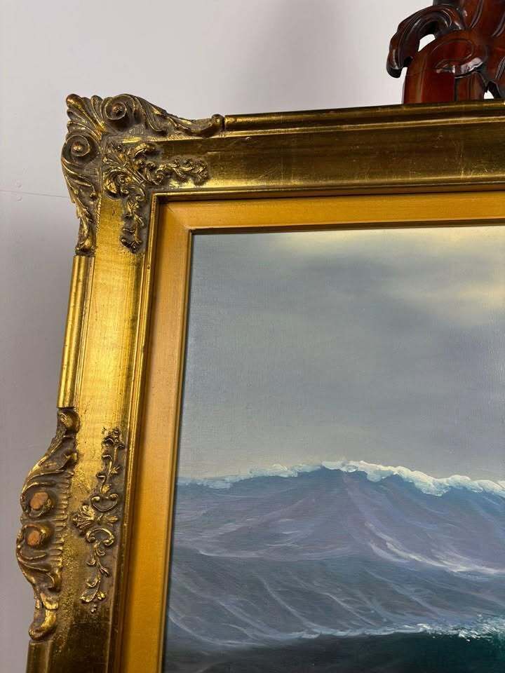 Oil On Canvas Seascape Painting – Signed “Sauli” – Ornate Gilt Frame photo vintage