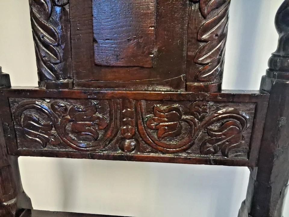 Antique Gothic Revival Oak Hall Chair With Carved Flowers & Barley Twist photo furniture