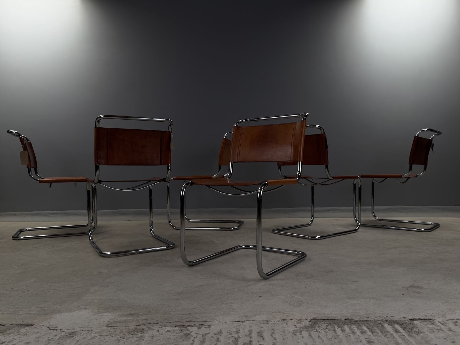 photo vinterior 6 Dining Chairs Mart Stam Marcel Breuer S33 Set Of Six Fasem Chrome Tan Brown Cognac Leather Cantilever Bauhaus 6 Mid Century Dining Chairs 226