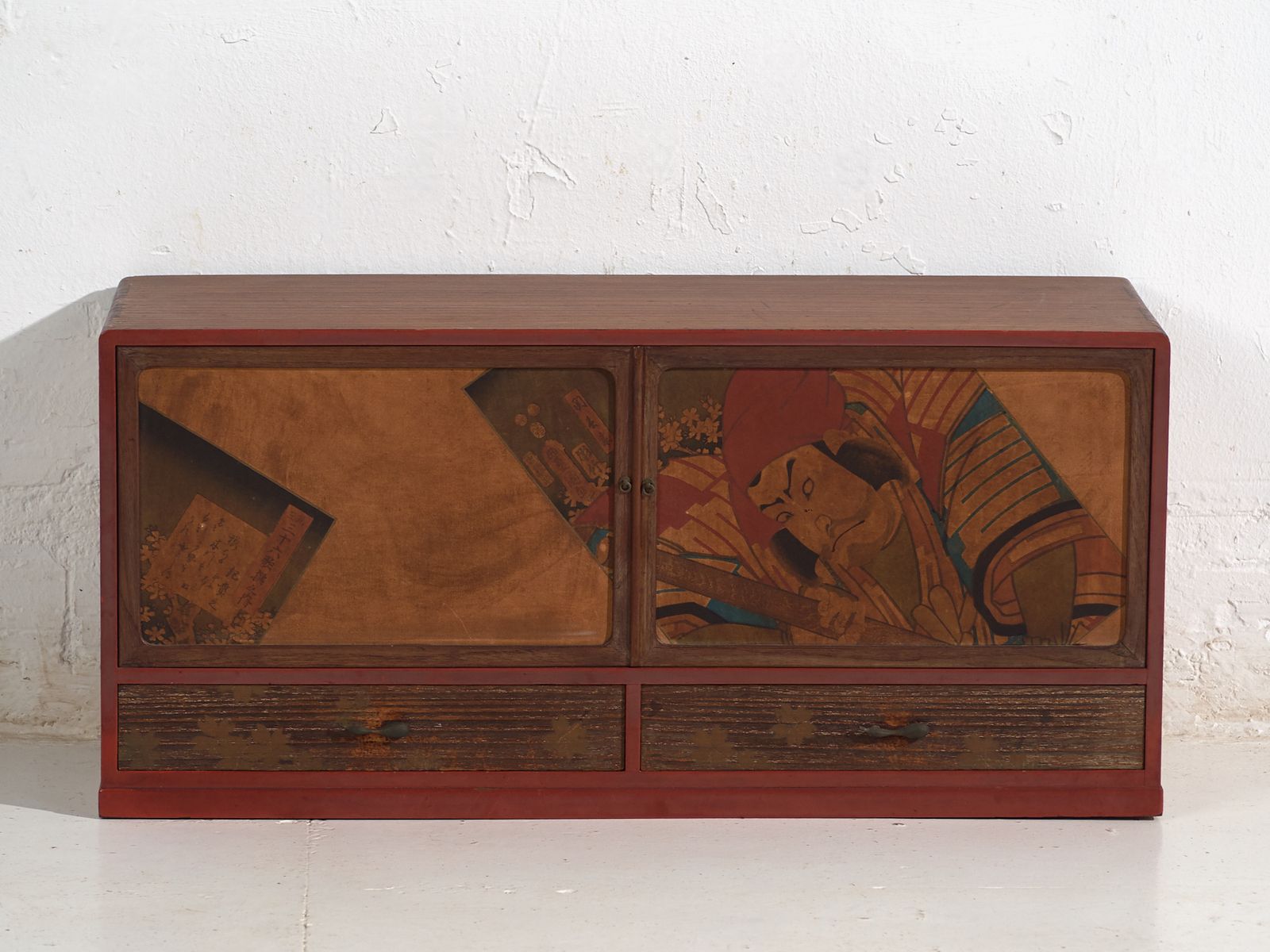 Japanese Cabinet With Kabuki Decorated Sliding Doors In Paulownia Wood, Early Showa Period, Circa 1926–1970 photo vinterior