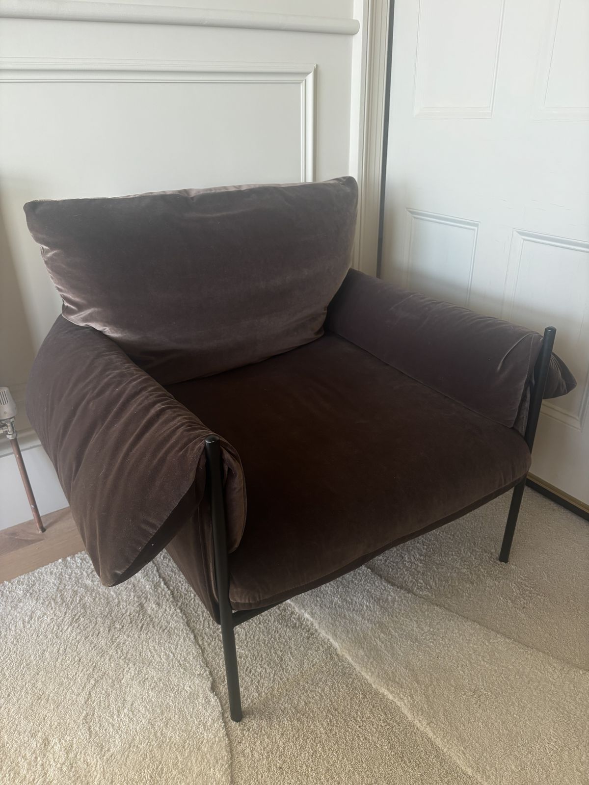 Six The Residence Metal & Velvet Lounge Chair   Chocolate photo for sale
