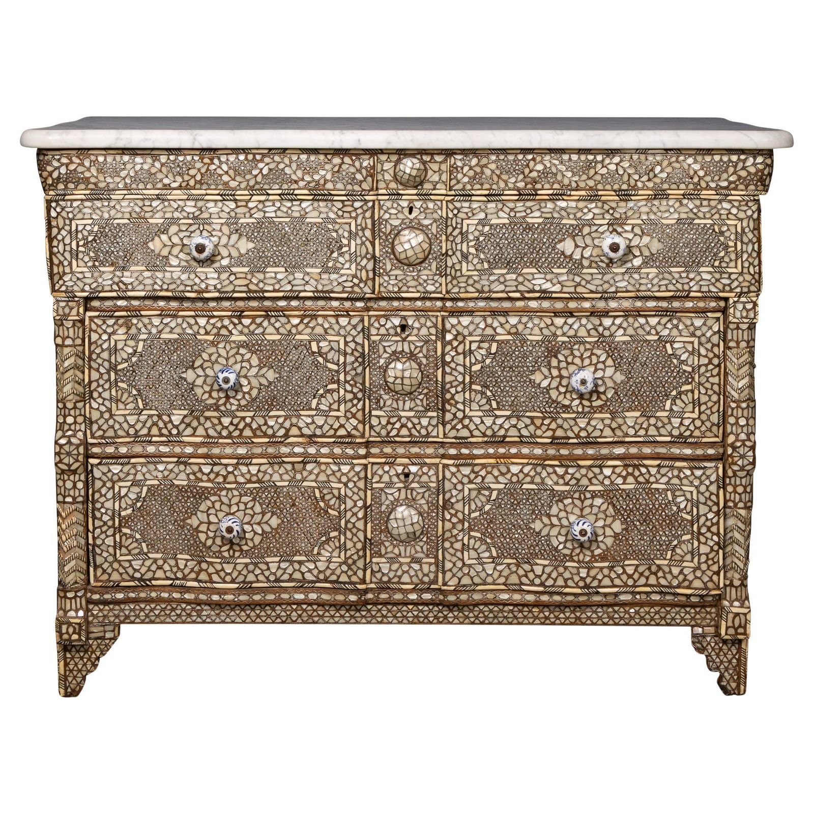 20thc Levantine Mother Of Pearl & Camel Bone Inlaid Chest Of Drawers C.1900