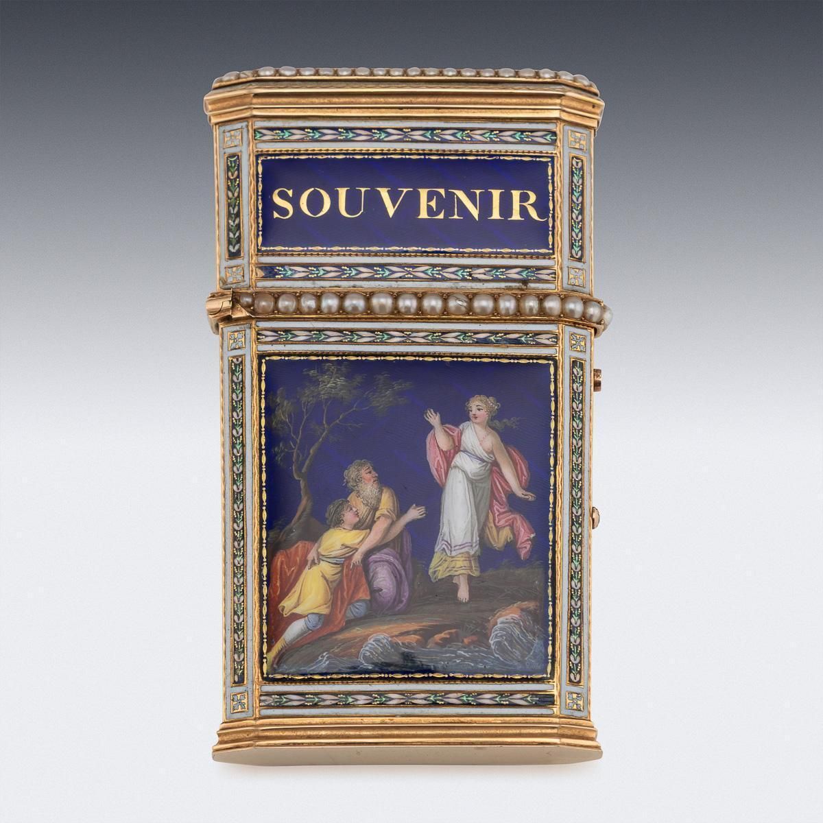 Antique 18thc Swiss Gold, Enamel & Seed Pearl Aide Memoire "Souvenir" Box C.1790 photo for sale