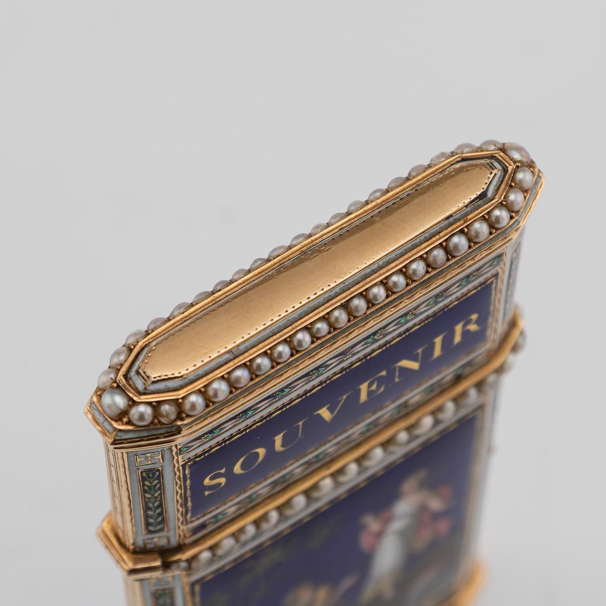 photo buy Antique 18thc Swiss Gold, Enamel & Seed Pearl Aide Memoire "Souvenir" Box C.1790
