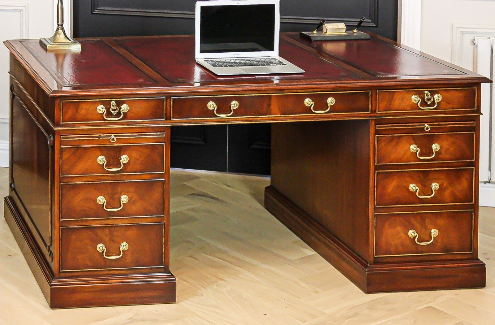 Antique Mahogany Pedestal Partners Leather Top Desk, Captains Chair & Cabinet photo buy