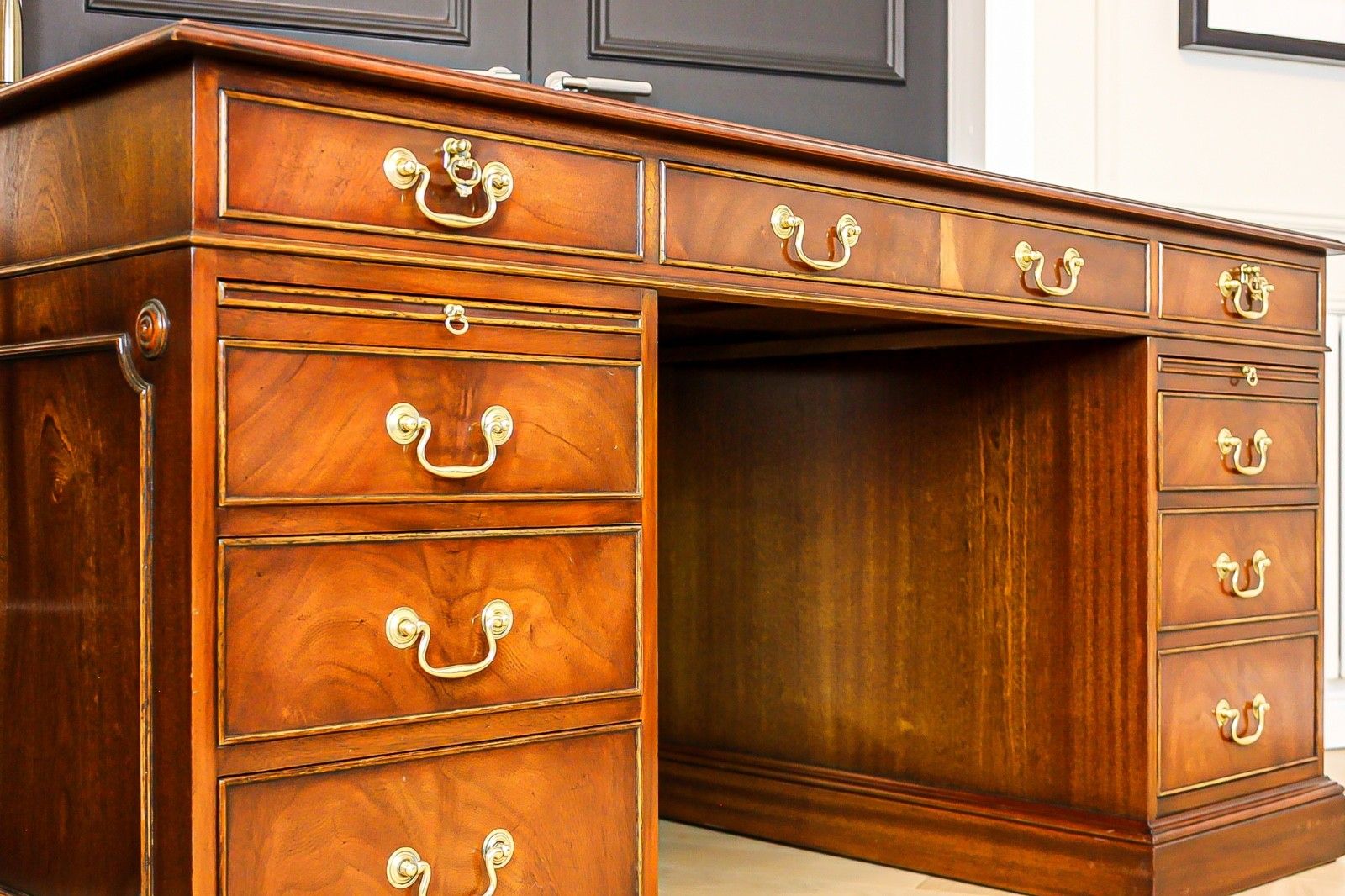 Antique Mahogany Pedestal Partners Leather Top Desk, Captains Chair & Cabinet photo vintage