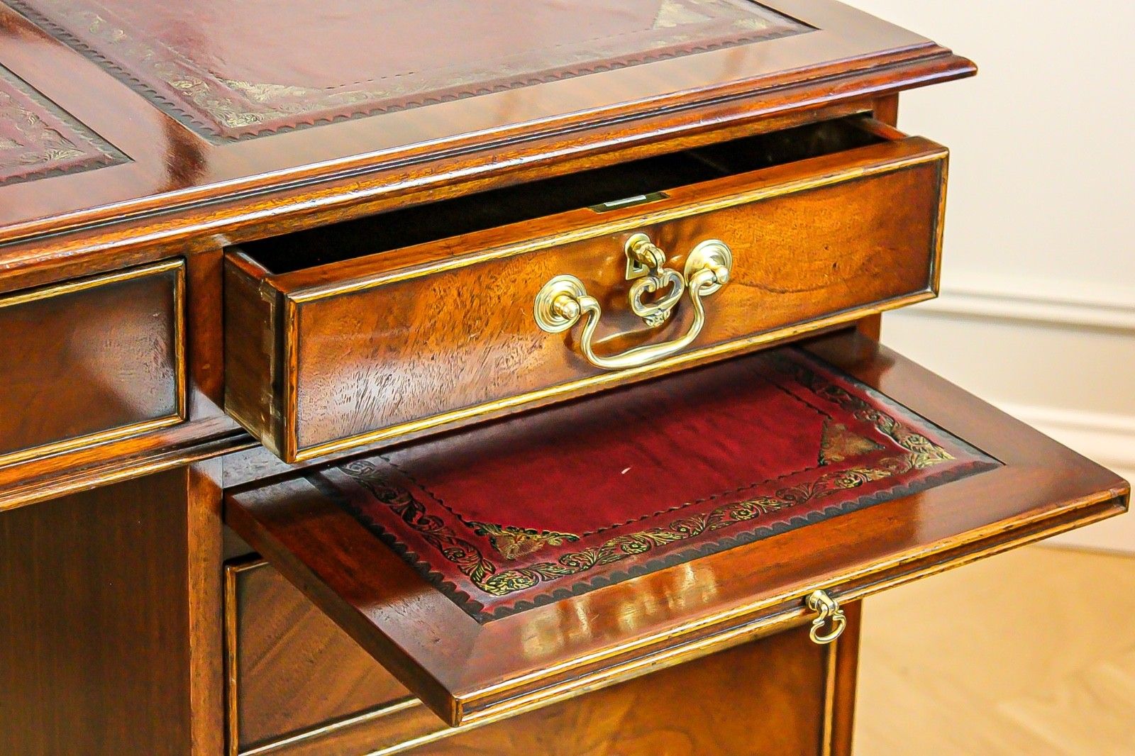 photo furniture Antique Mahogany Pedestal Partners Leather Top Desk, Captains Chair & Cabinet