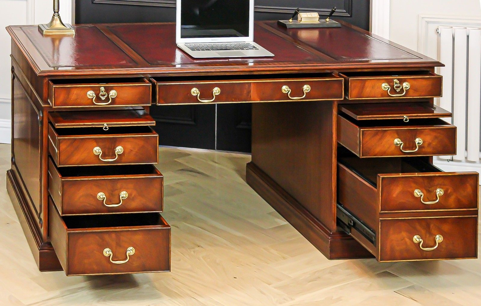 Furniture Antique Mahogany Pedestal Partners Leather Top Desk, Captains Chair & Cabinet photo