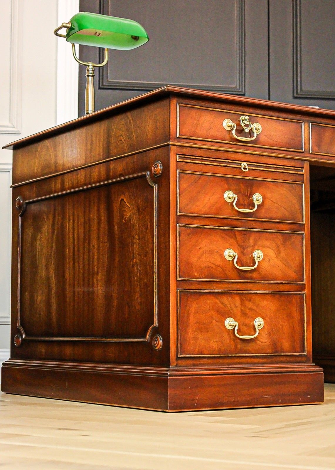 photo vintage Antique Mahogany Pedestal Partners Leather Top Desk, Captains Chair & Cabinet