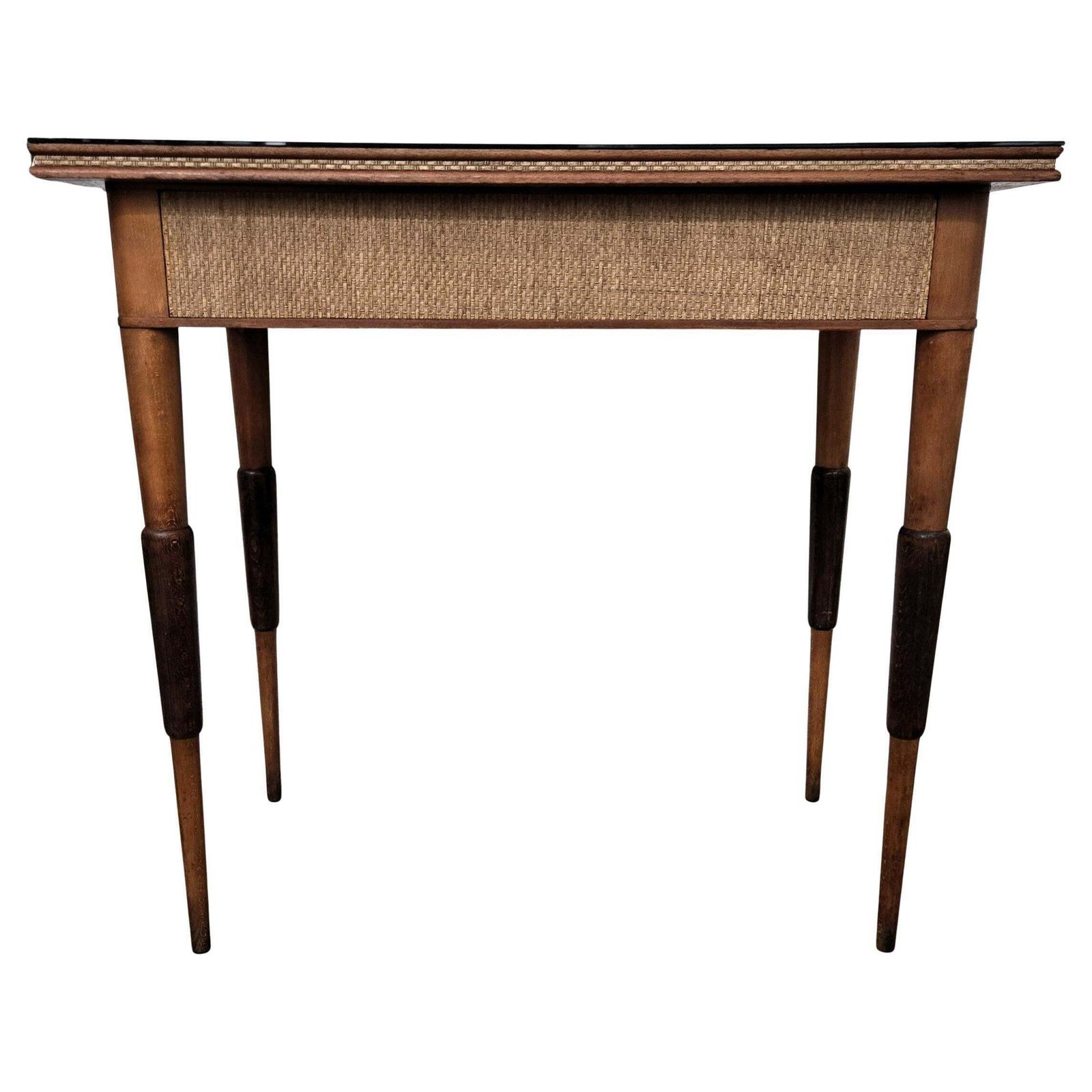 1960s Mid Century Italian Walnut Rattan And Black Glass Top Writing Desk Table
