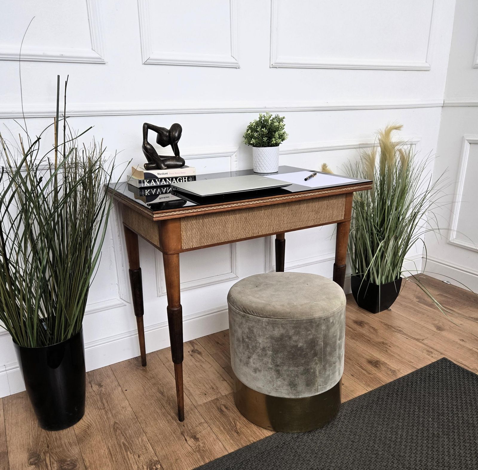 1960s Mid Century Italian Walnut Rattan And Black Glass Top Writing Desk Table photo furniture