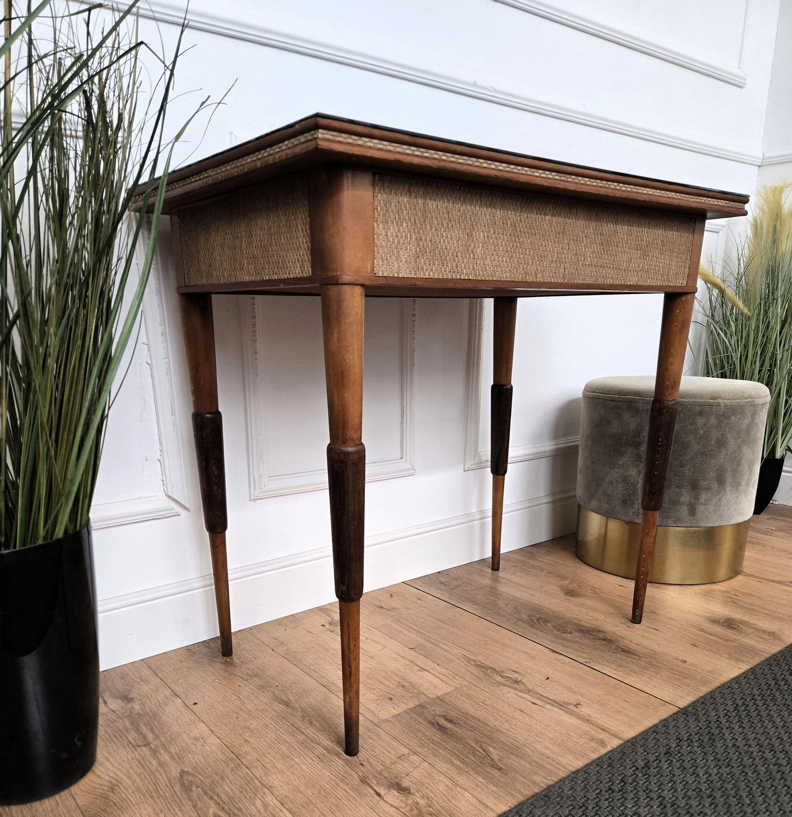 1960s Mid Century Italian Walnut Rattan And Black Glass Top Writing Desk Table photo vintage