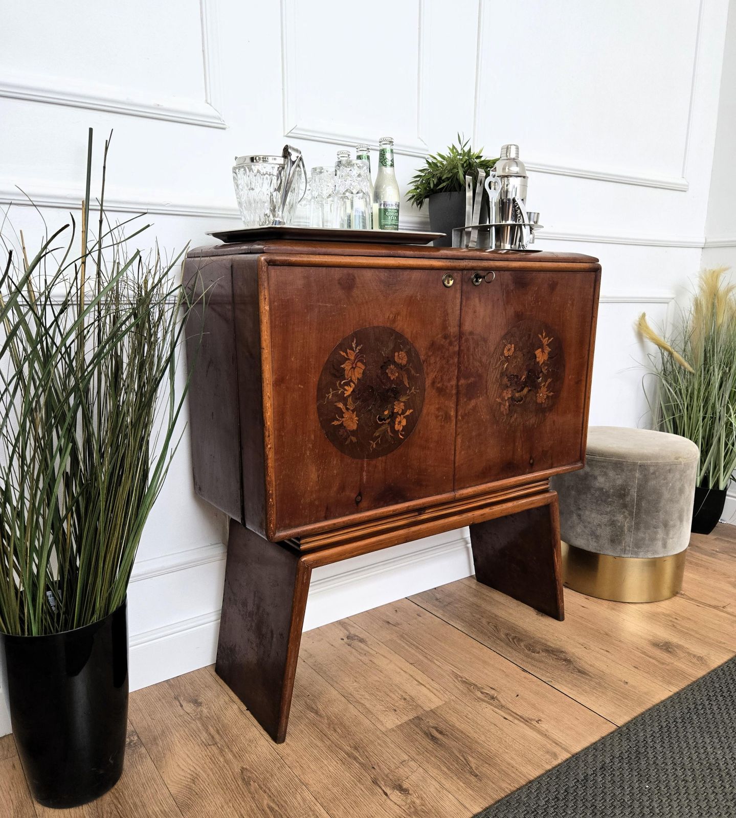 1950s Art Deco Mid Century Italian Walnut Mirror Mosaic Sideboard Bar Cabinet photo furniture