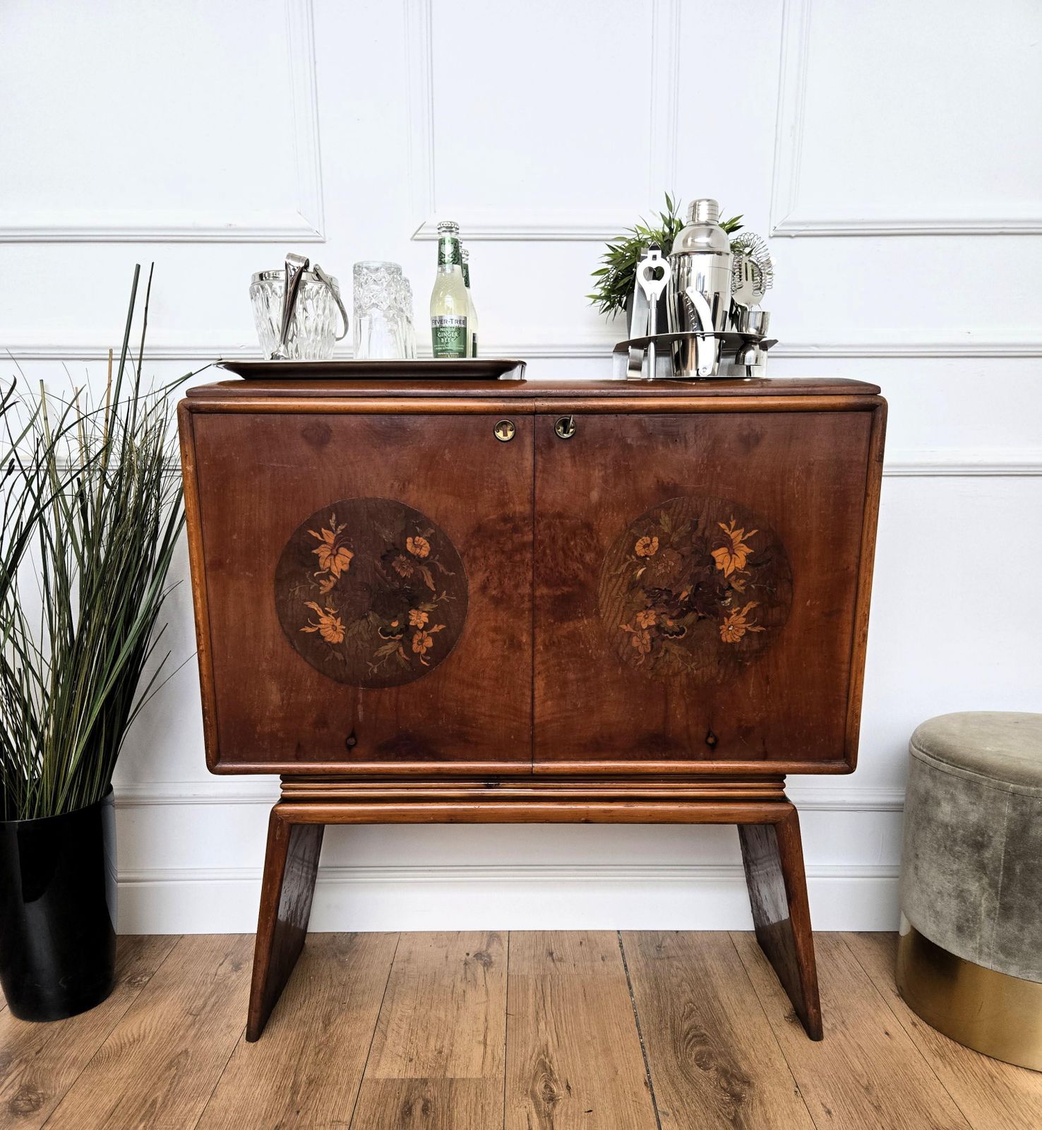 1950s Art Deco Mid Century Italian Walnut Mirror Mosaic Sideboard Bar Cabinet photo for sale