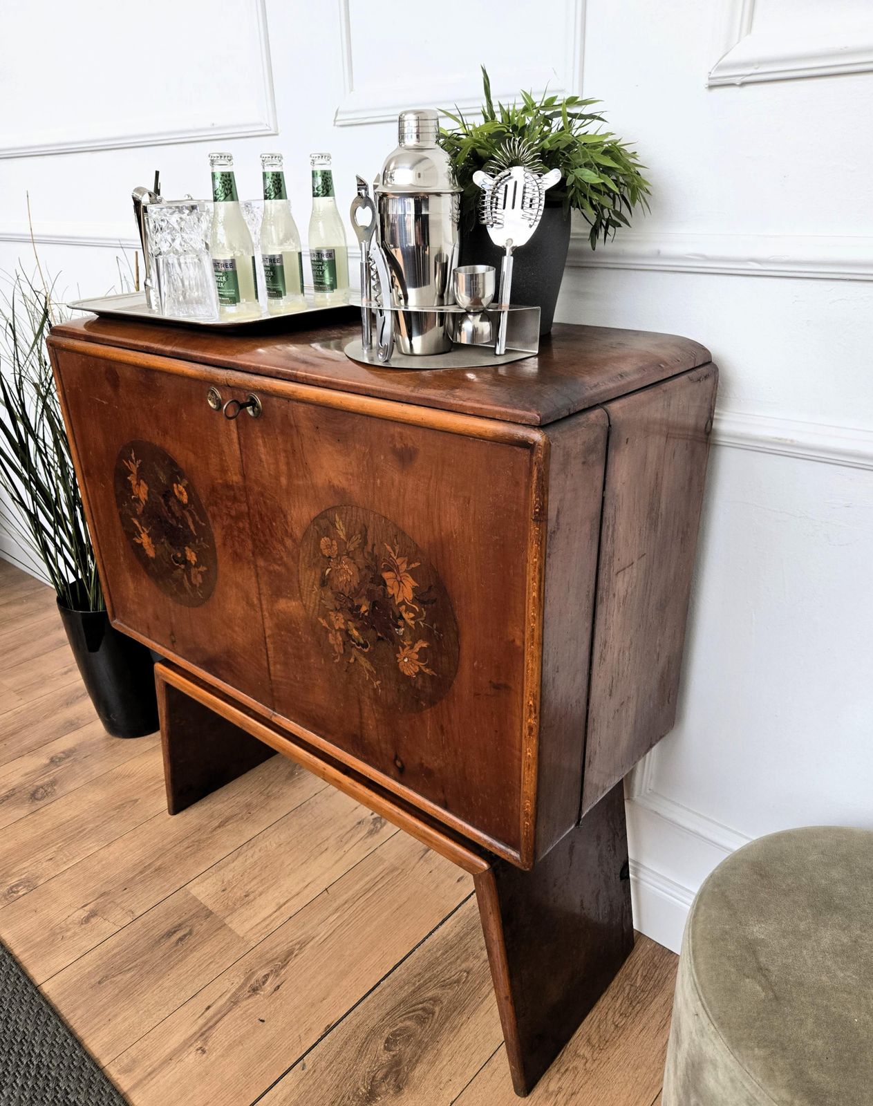 1950s Art Deco Mid Century Italian Walnut Mirror Mosaic Sideboard Bar Cabinet photo Furniture