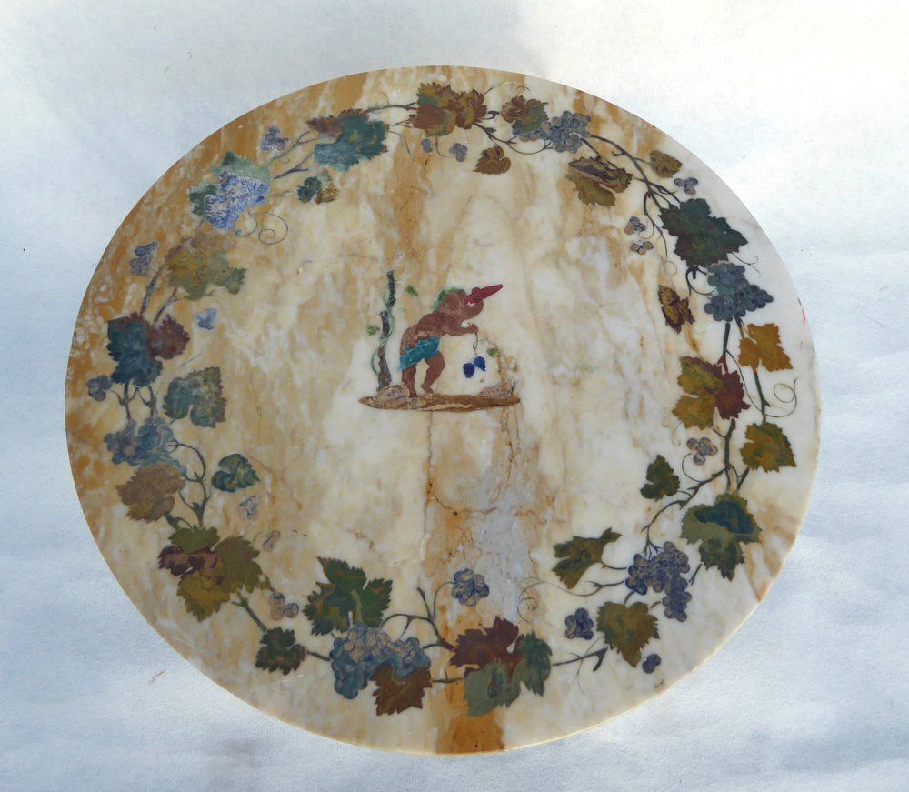 Antique French Italian Wrought Iron Coffee Tablr Witn Pietra Dura Marble Top And Pattern Of Vignes And Cherub, 1890s photo furniture