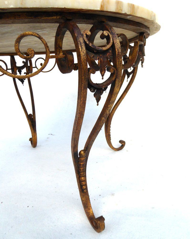 Furniture Antique French Italian Wrought Iron Coffee Tablr Witn Pietra Dura Marble Top And Pattern Of Vignes And Cherub, 1890s photo