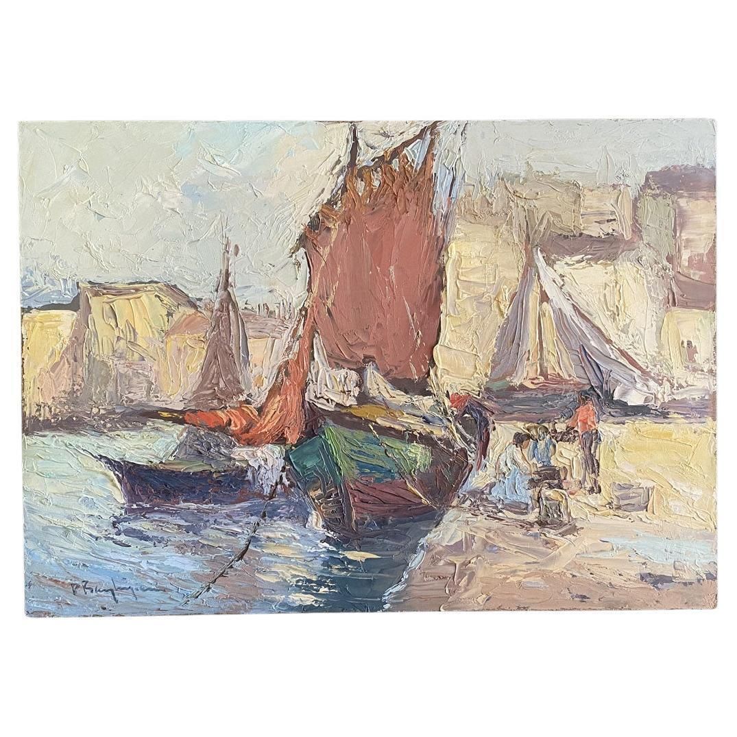 Seascape Oil Painting Of Sailboats, Post Impressionist, Signed, 1979