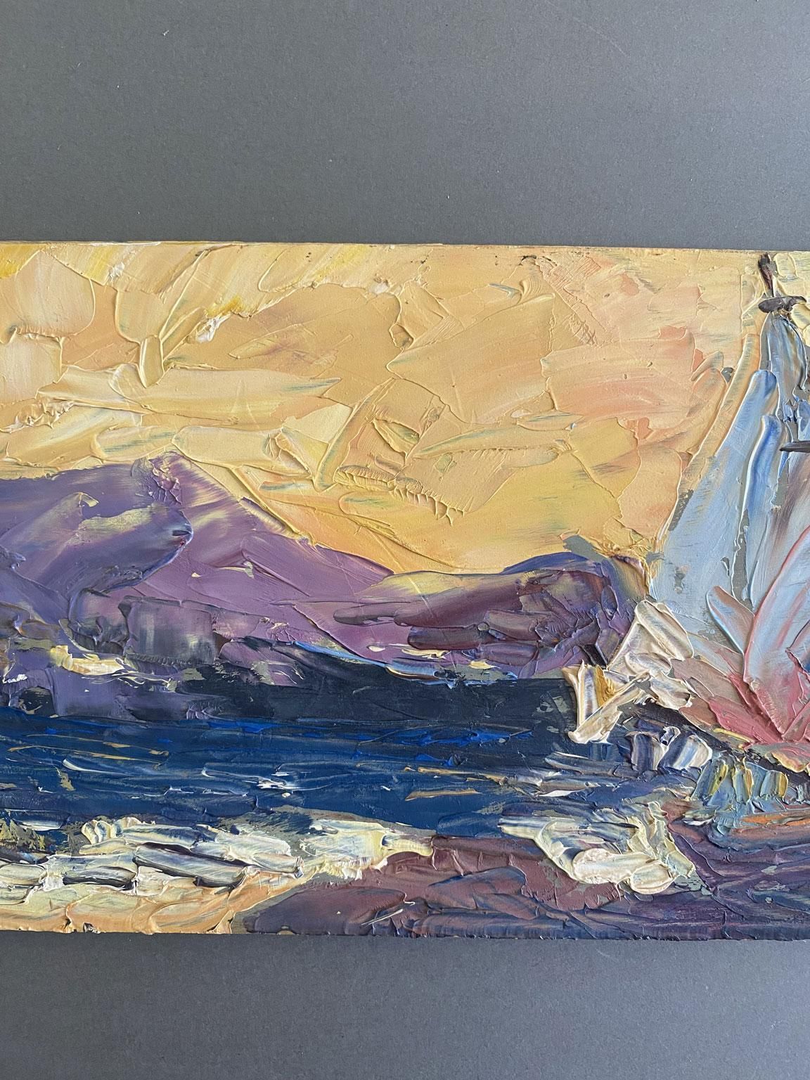 Seascape Oil Painting With Sailboat And Figures, Signed, Italy, 1978 photo for sale