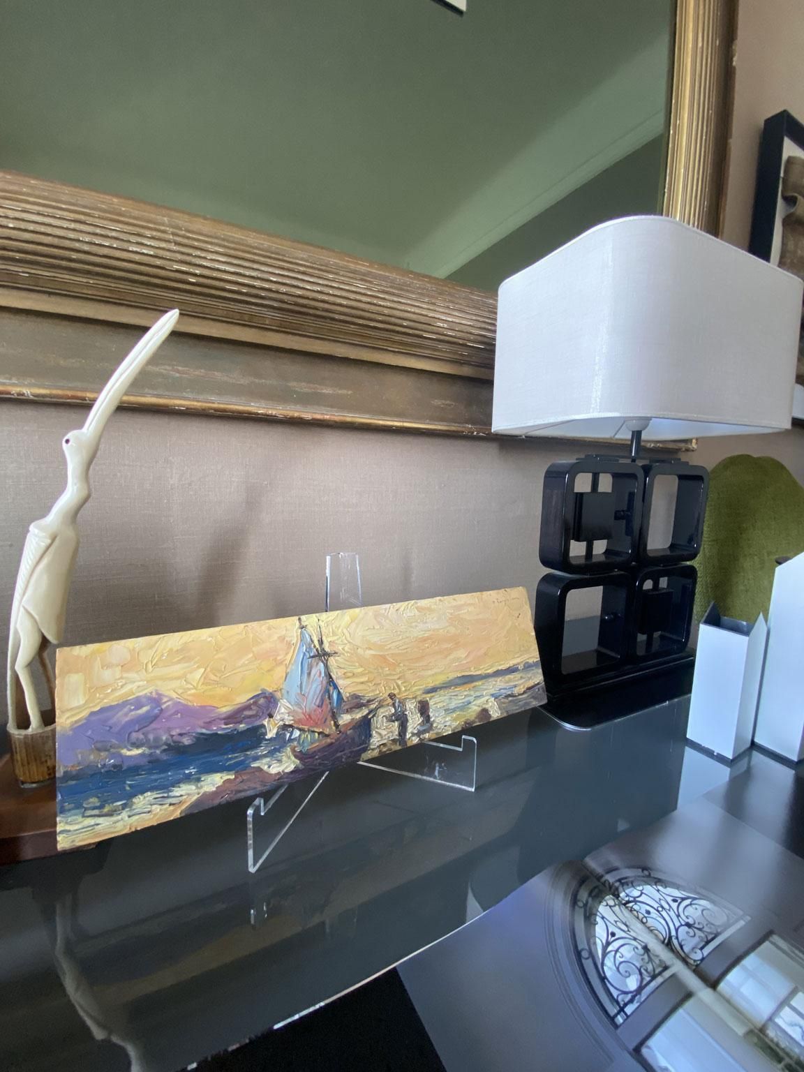 photo vinterior Seascape Oil Painting With Sailboat And Figures, Signed, Italy, 1978