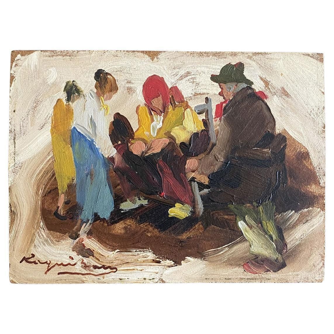 1978 Signed Oil Painting Post Impressionist Group Of Human Figures, Vivid Colors