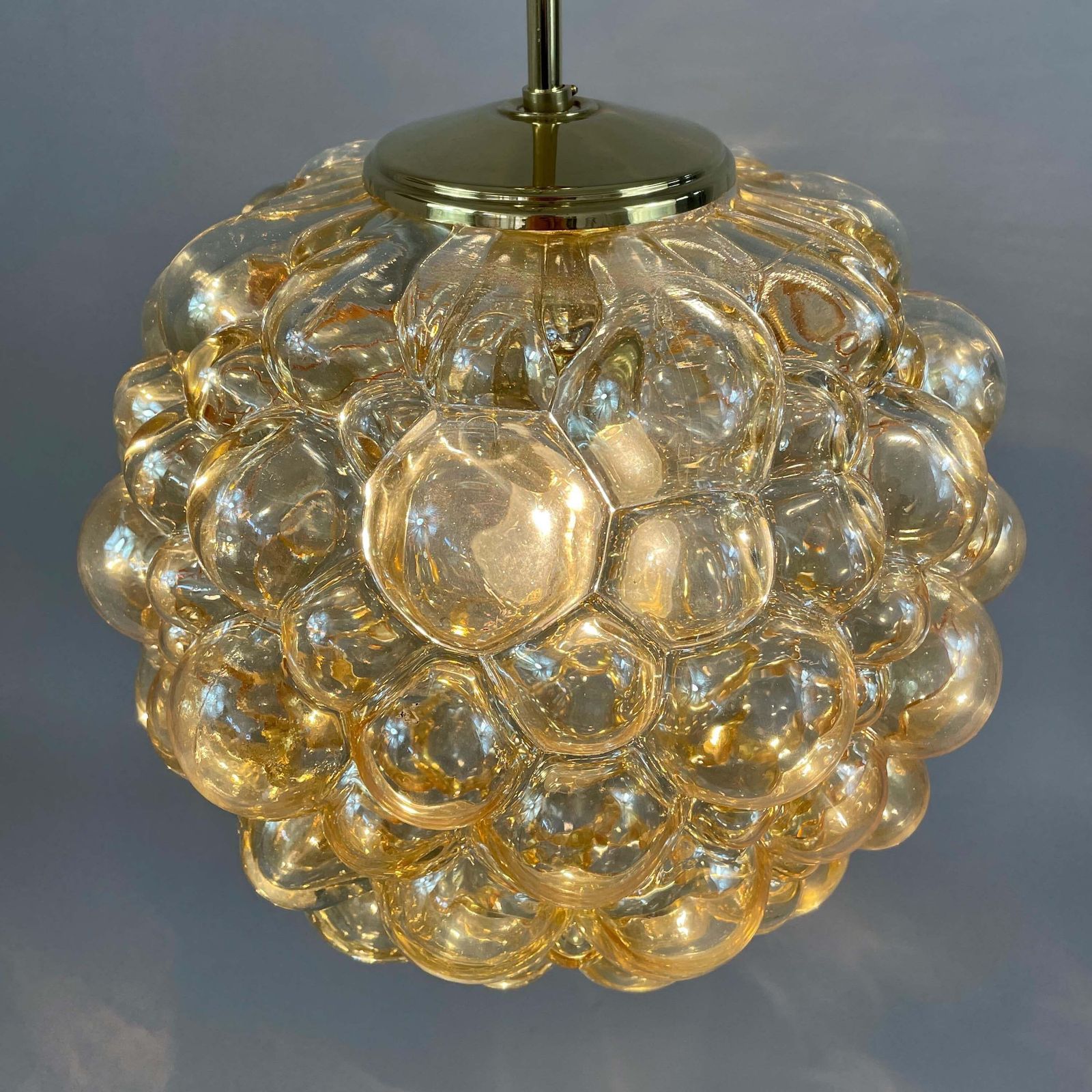 photo vinterior Amber Bubble Glass & Brass Pendant By Helena Tynell For Limburg, Germany 1960s