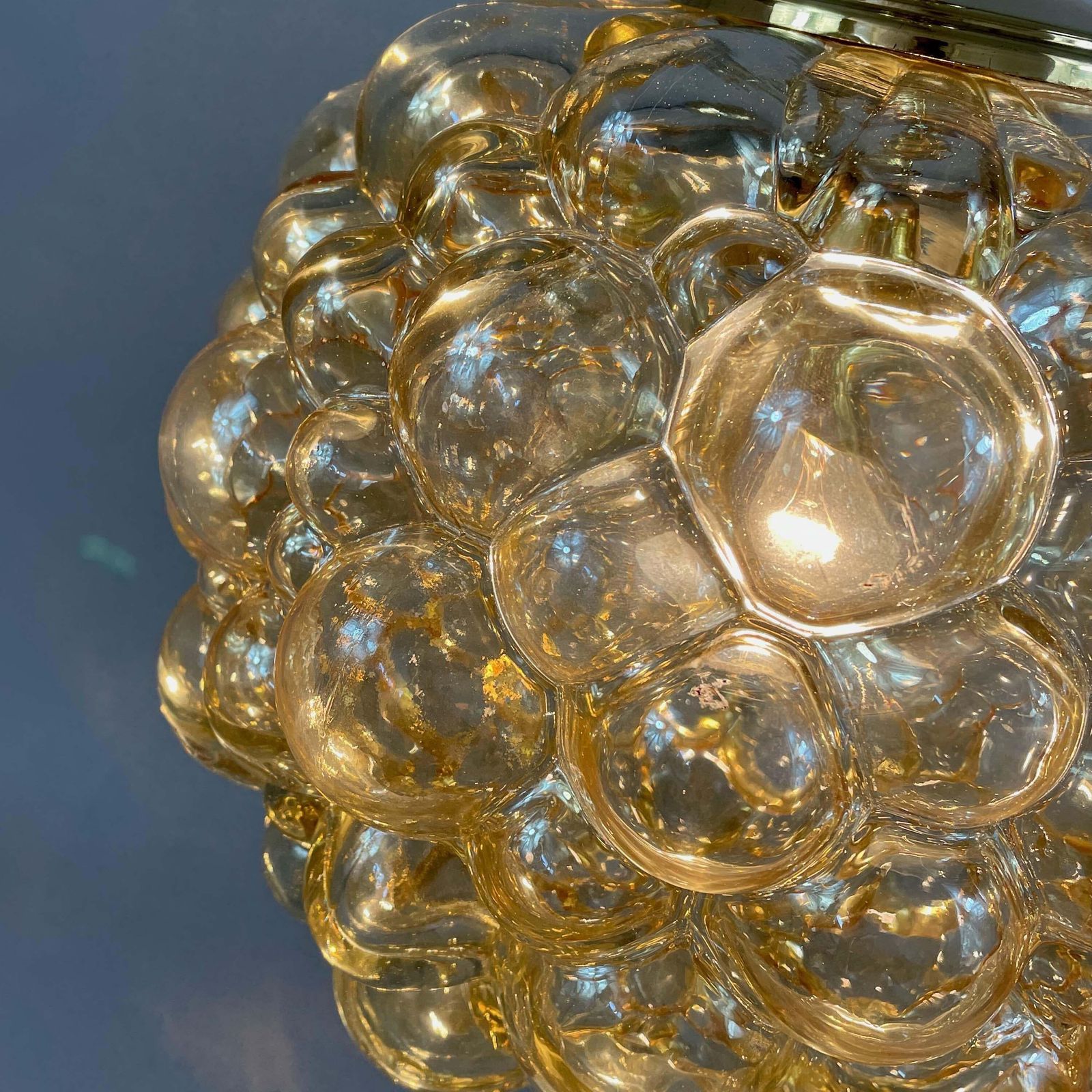 photo buy Amber Bubble Glass & Brass Pendant By Helena Tynell For Limburg, Germany 1960s