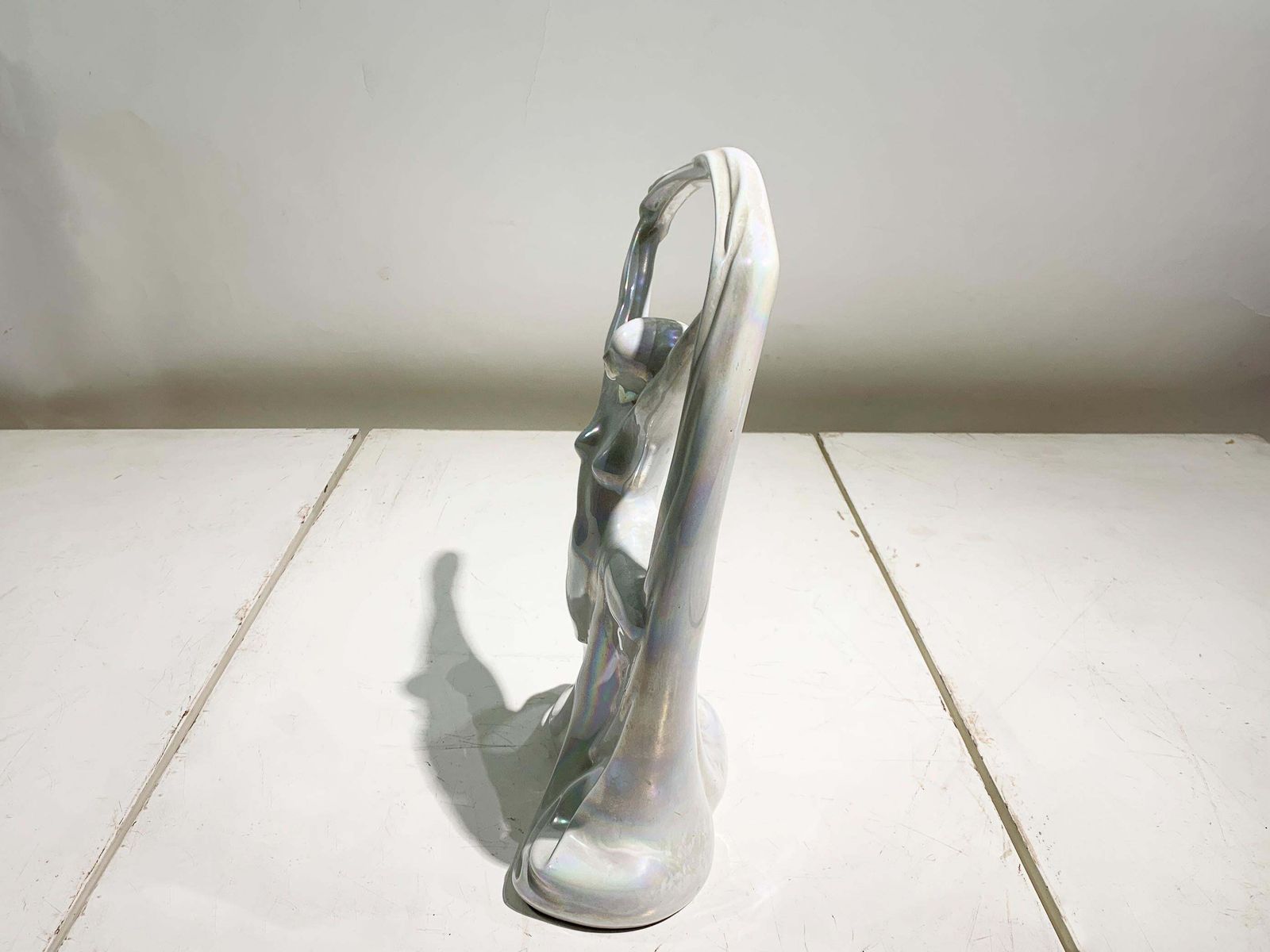 Art Nouveau Iridescent Pearl Porcelain Nude Scarf Dancer Statue, Circa 1940's photo for sale