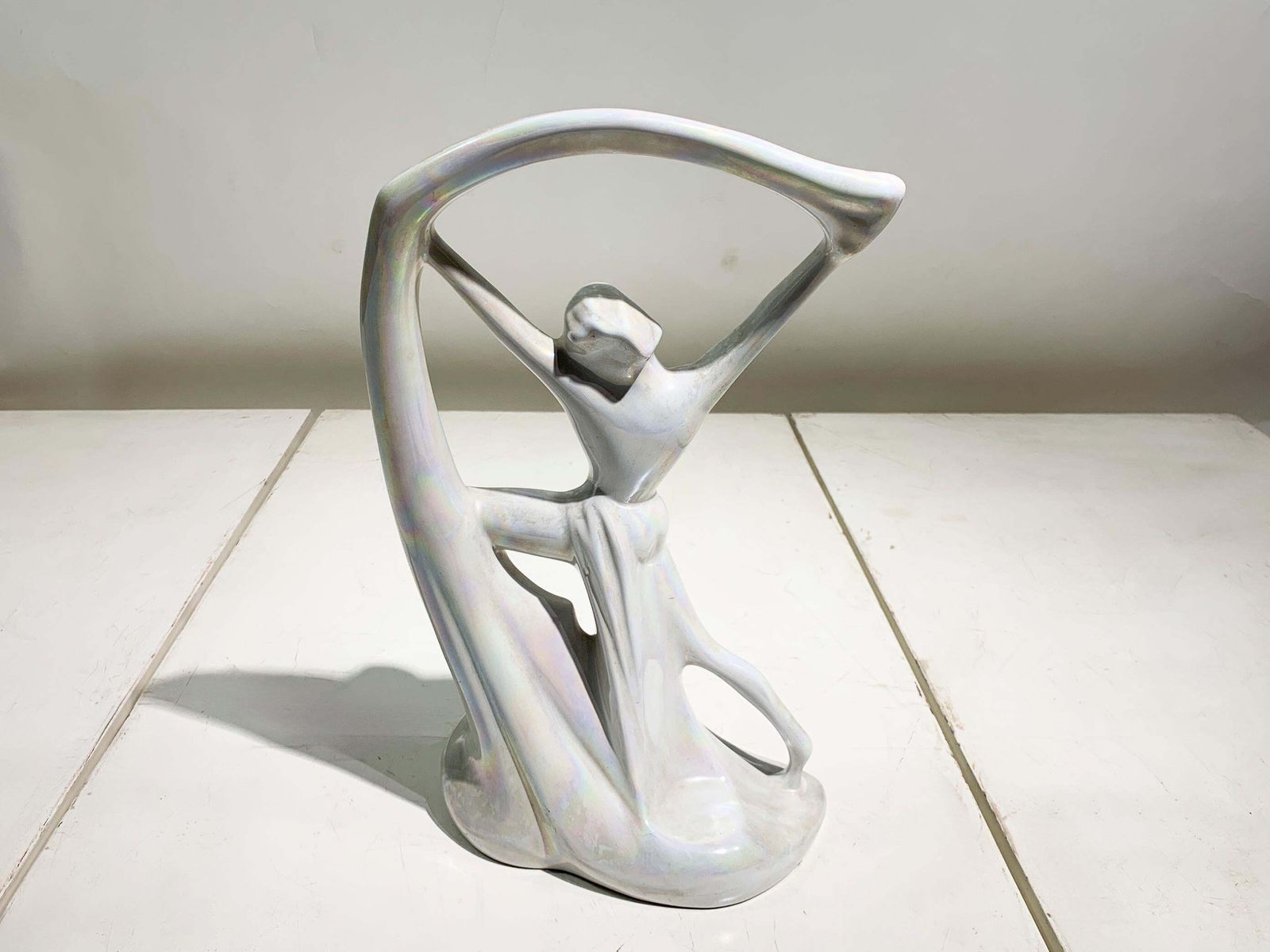 Art Nouveau Iridescent Pearl Porcelain Nude Scarf Dancer Statue, Circa 1940's photo Art