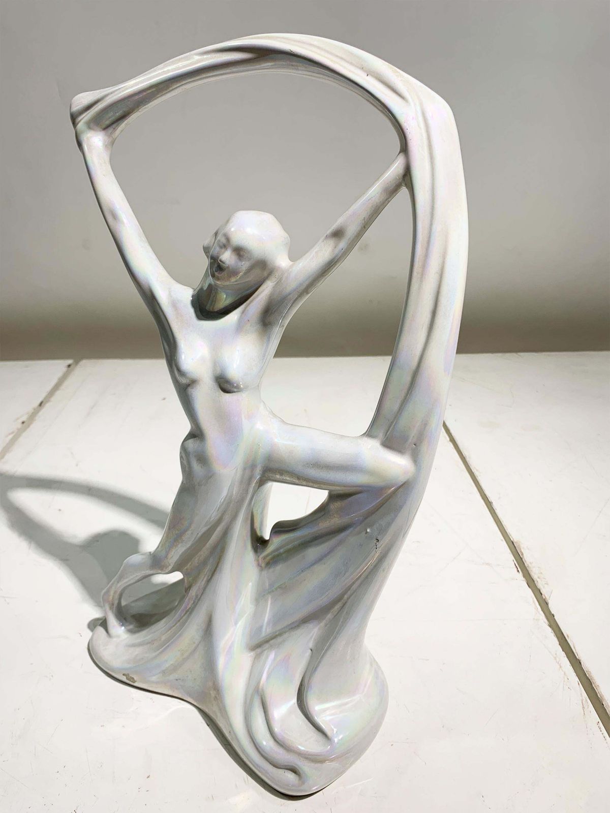 Art Nouveau Iridescent Pearl Porcelain Nude Scarf Dancer Statue, Circa 1940's photo vinterior